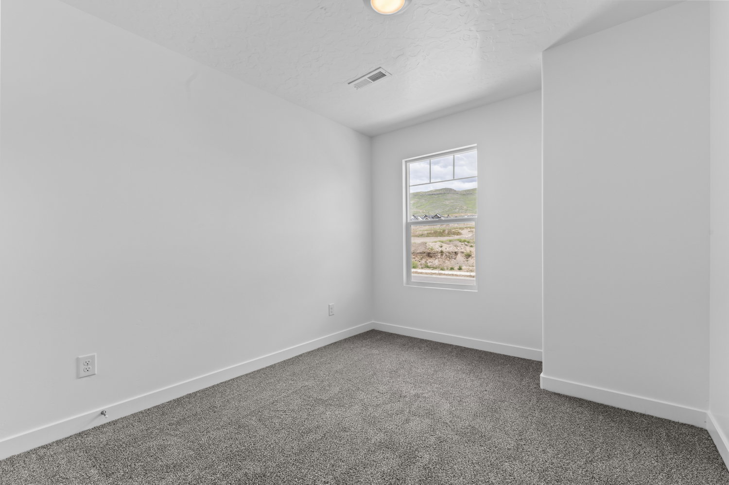 Room featuring a window with a mountain backdrop, neutral wall tones, gray carpeting, and white baseboards