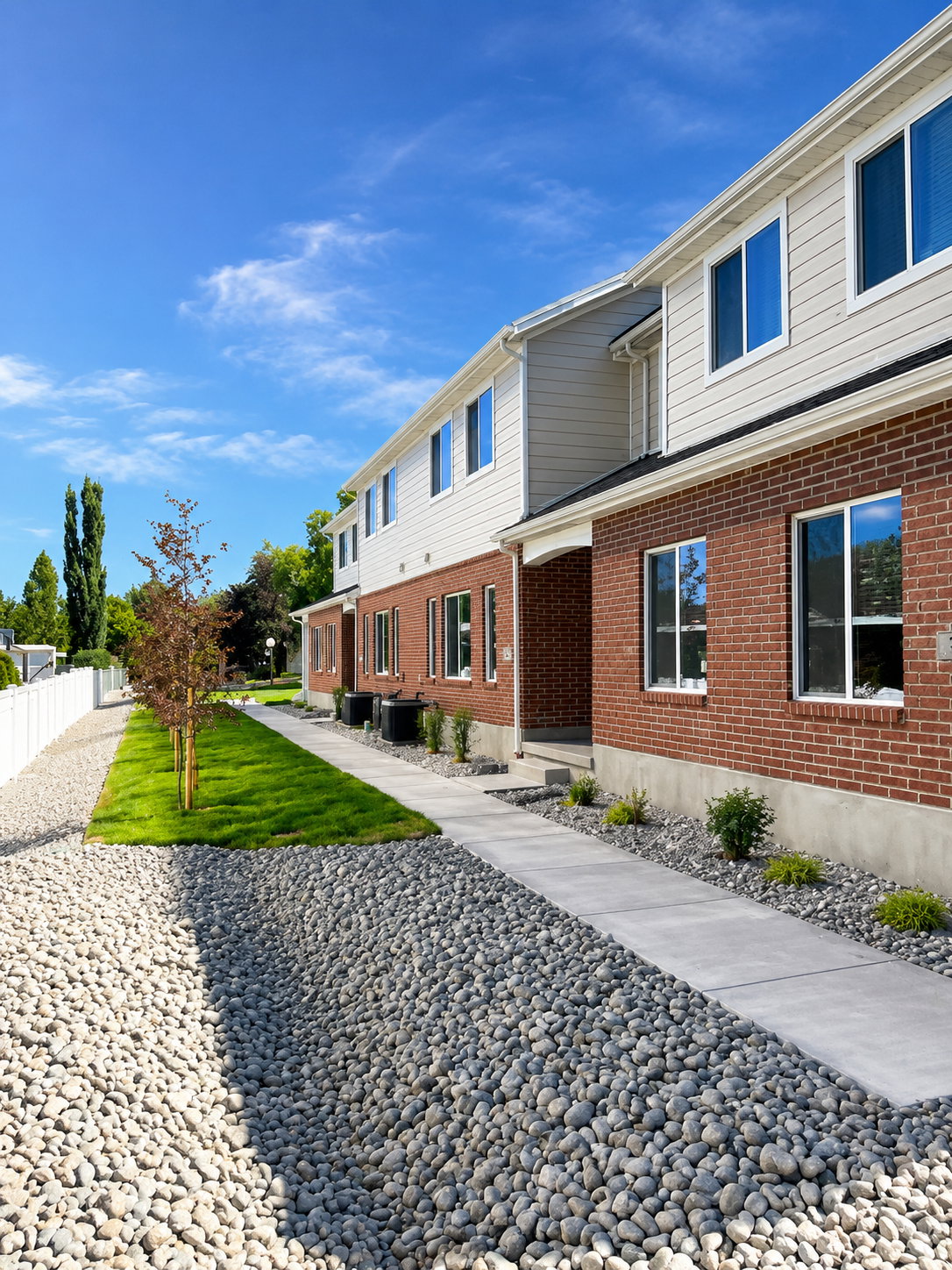 Brick and siding exterior featuring white trim and multiple windows