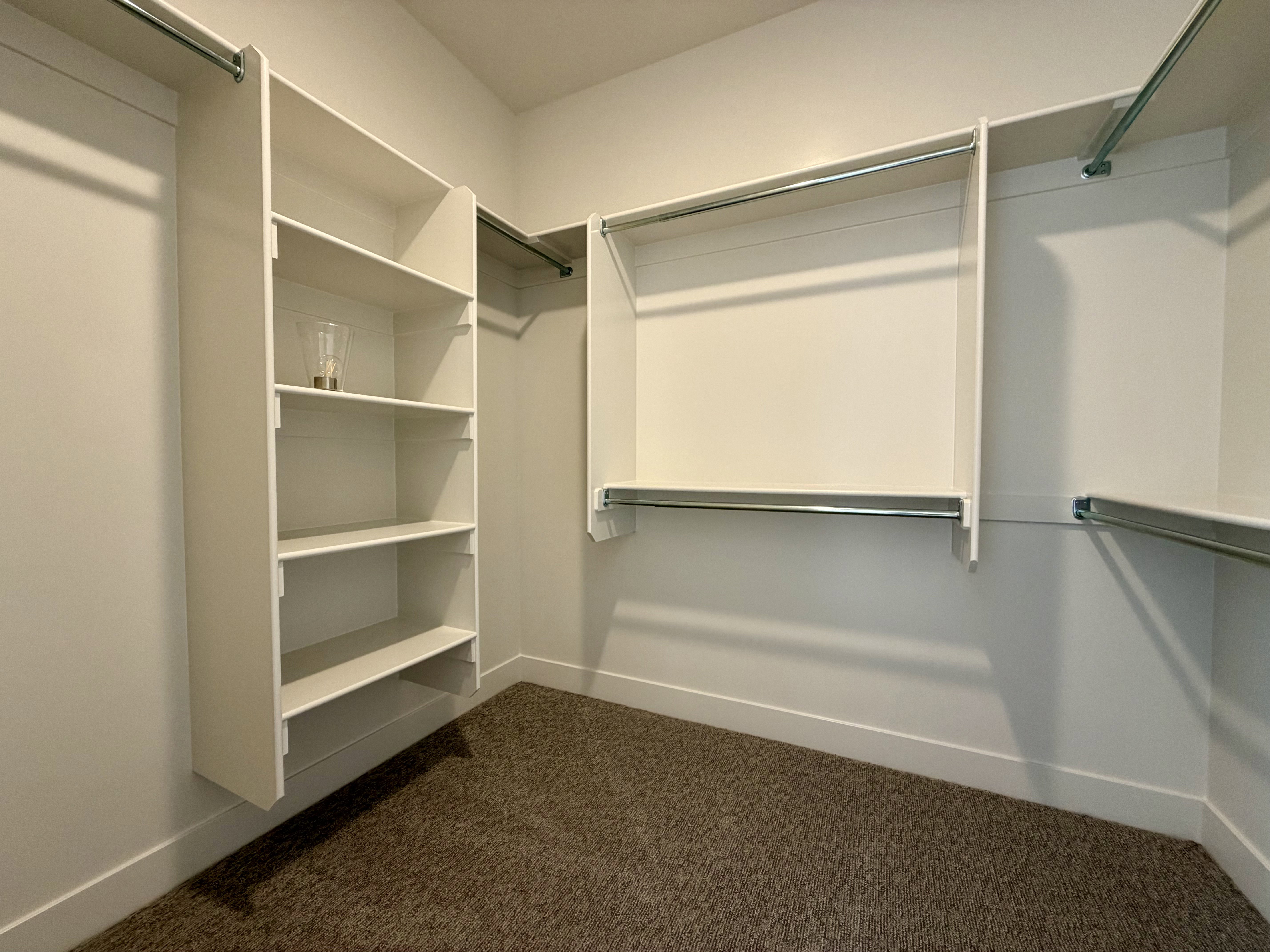 Spacious walk-in closet featuring built-in shelving, multiple hanging rods, and plush carpeting