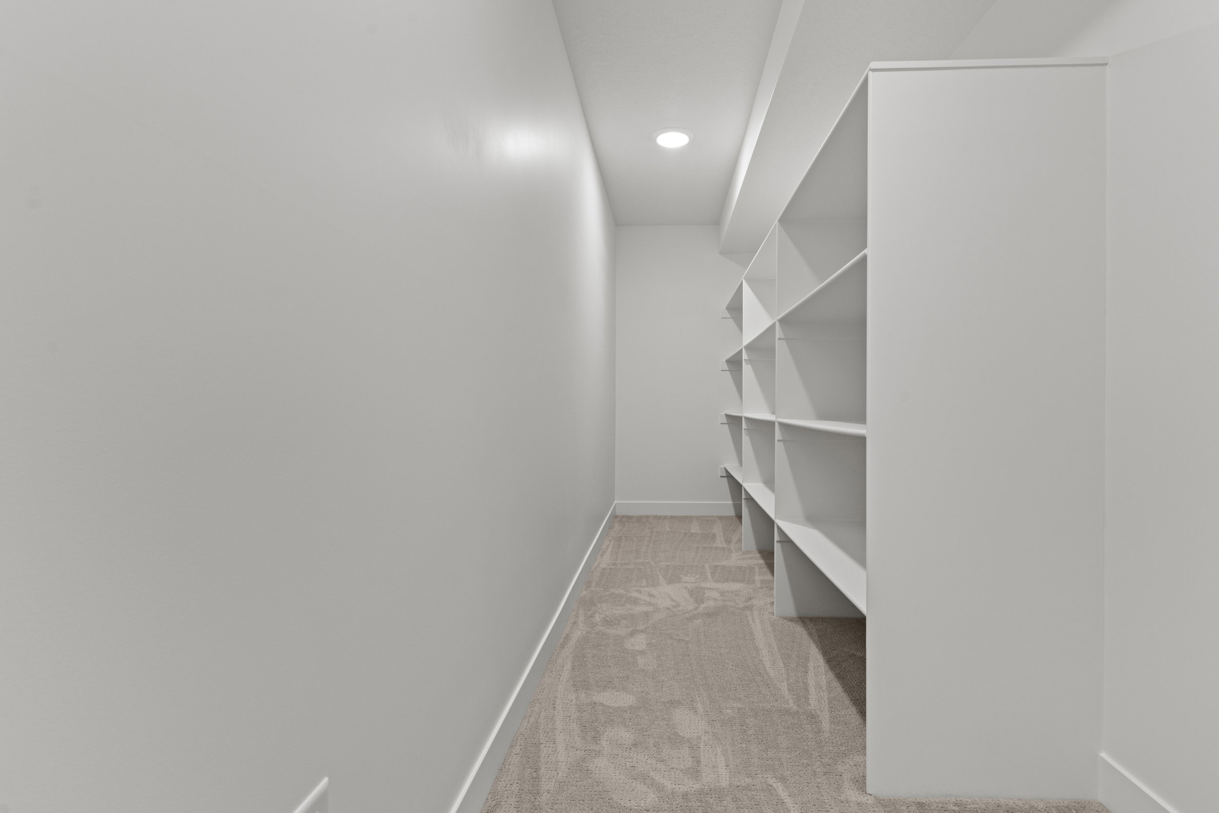 Dedicated storage area featuring built-in white shelving, recessed lighting, and neutral-toned carpeting