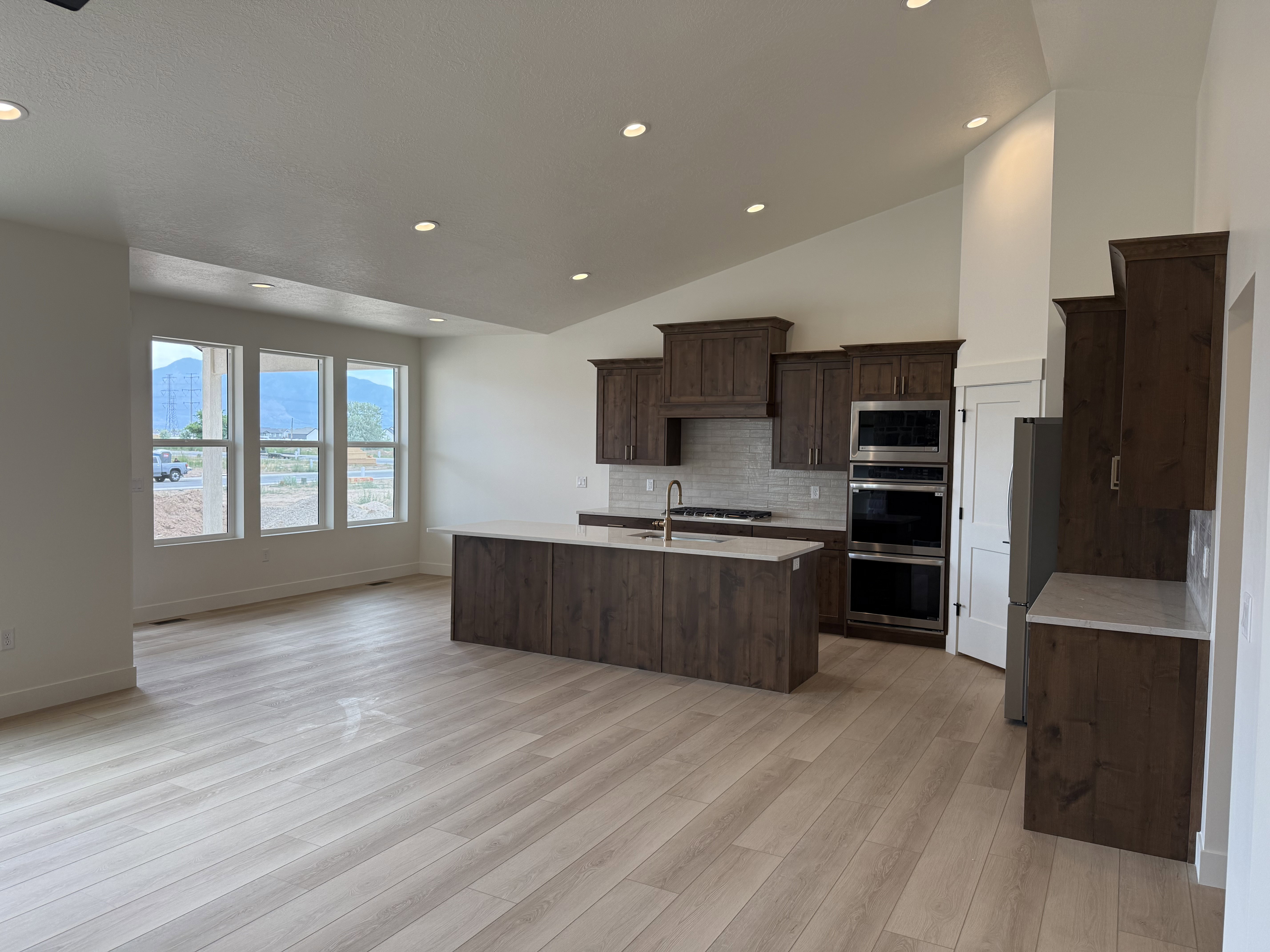 Open-concept kitchen and living area featuring wood-finish flooring, recessed lighting, and a vaulted ceiling