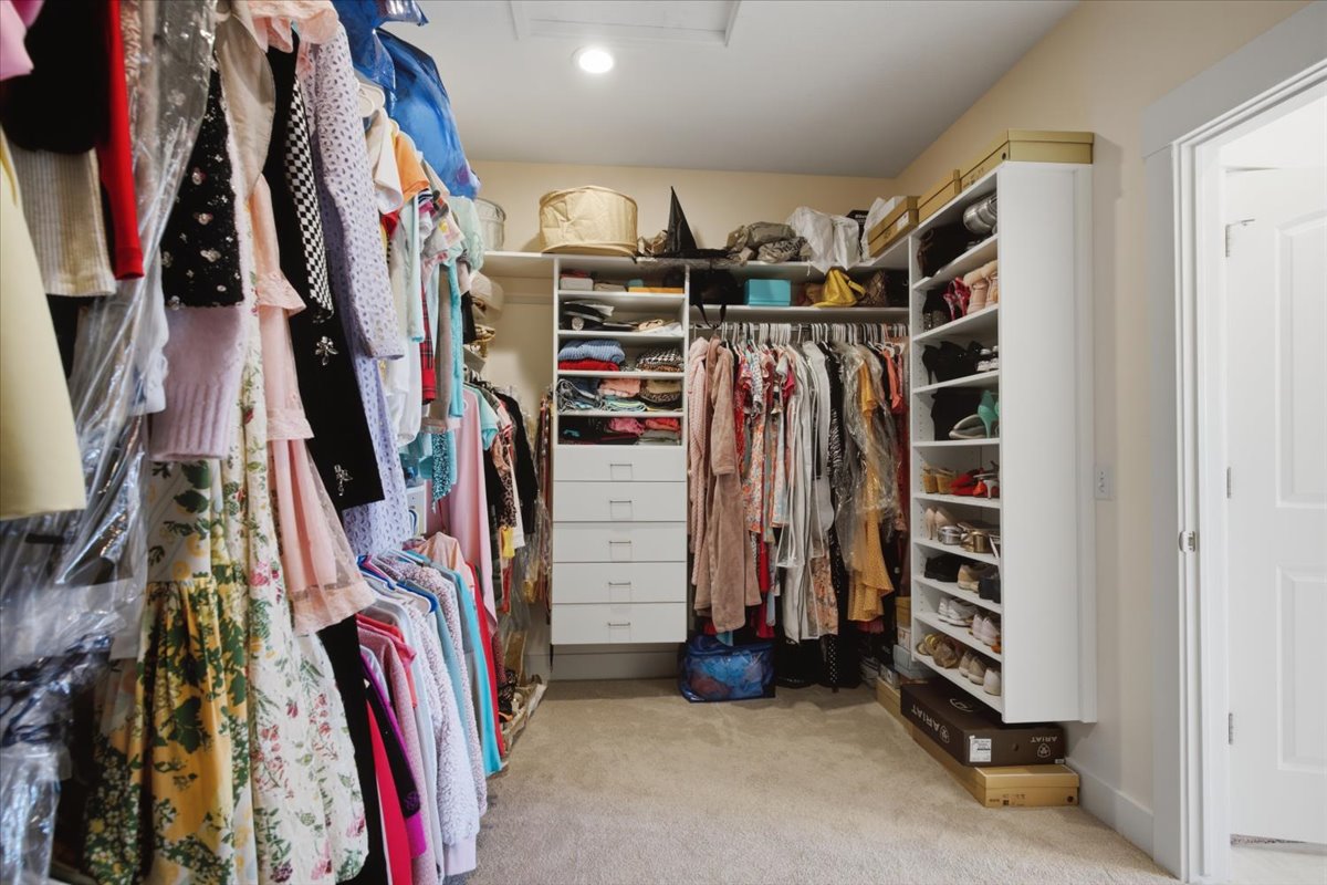 Spacious walk-in closet featuring built-in shelving, multiple hanging rods, integrated drawers, recessed lighting, and soft carpet flooring