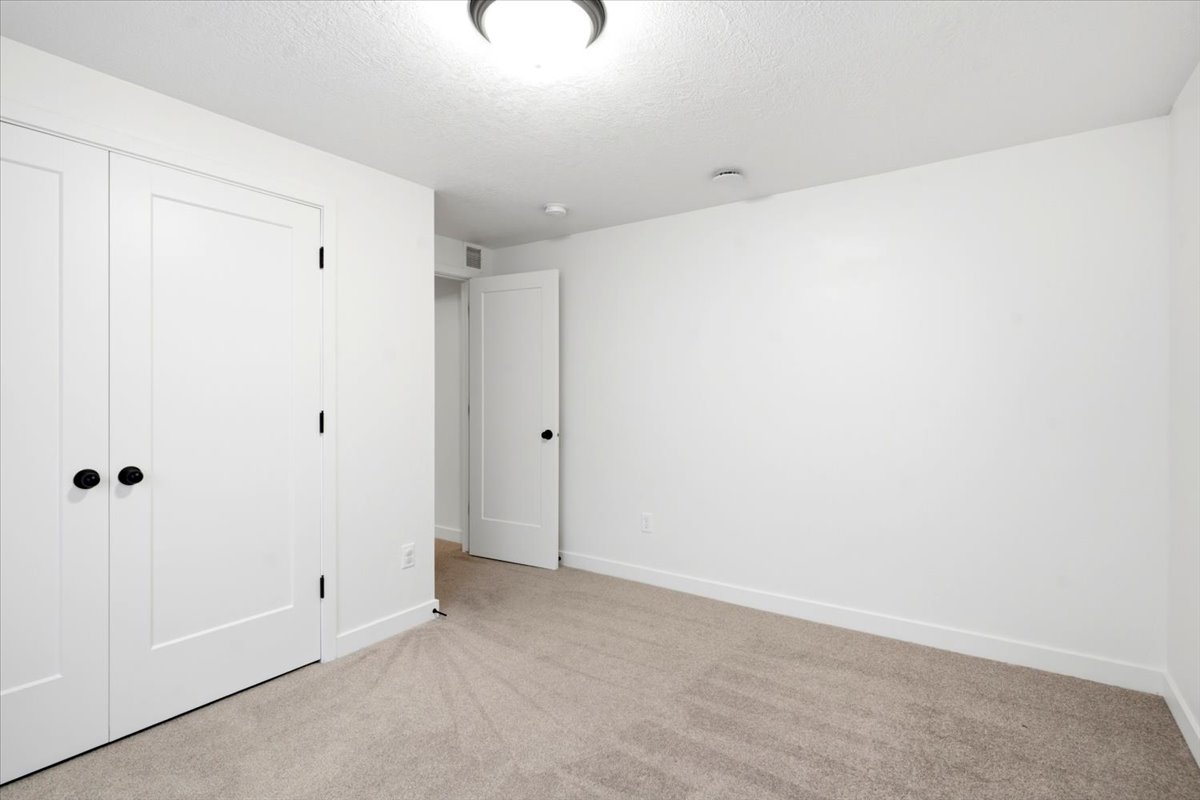 Neutral tone carpeted room featuring white walls, white trim, and white flat-panel doors with matte black hardware
