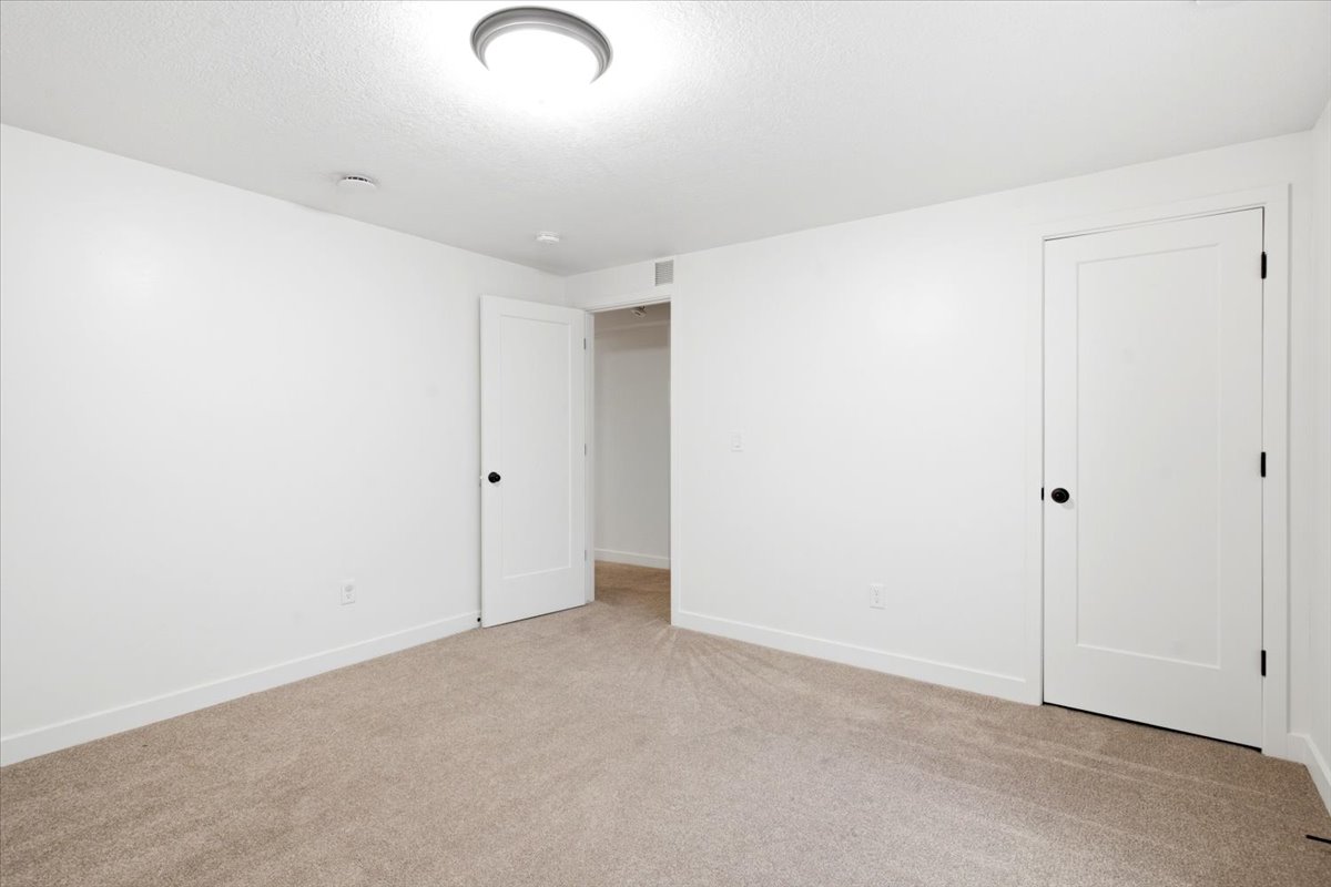 Spacious interior room with neutral-toned carpeting, white walls, and a flat-panel ceiling light fixture