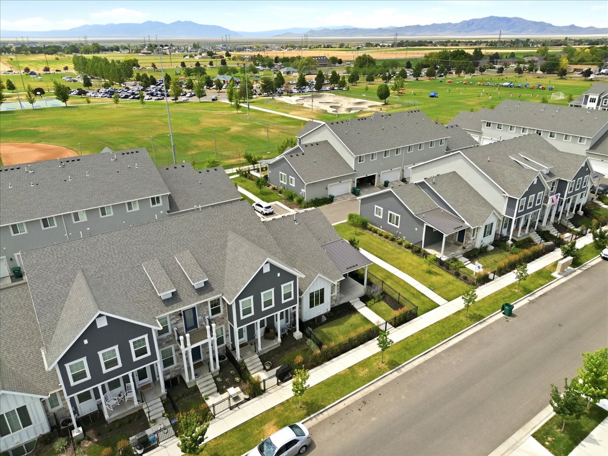 Contemporary townhome community featuring diverse facade colors and textures