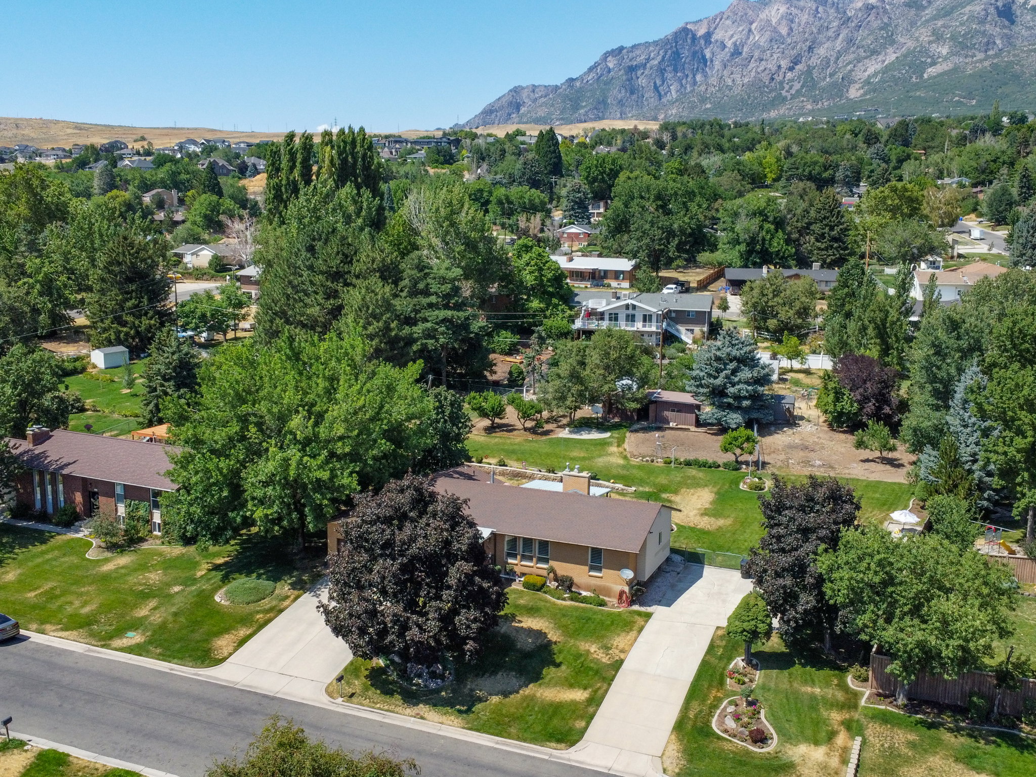 Expansive lot featuring a single-story residence with a brown shingle roof and light brown brick exterior