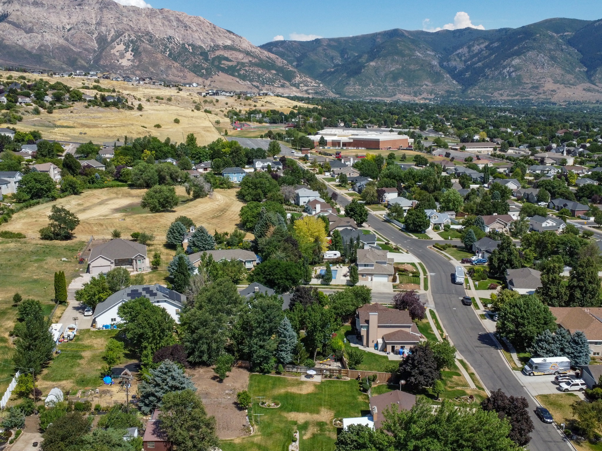 Residential area featuring paved streets, mature trees, and a distant mountain range