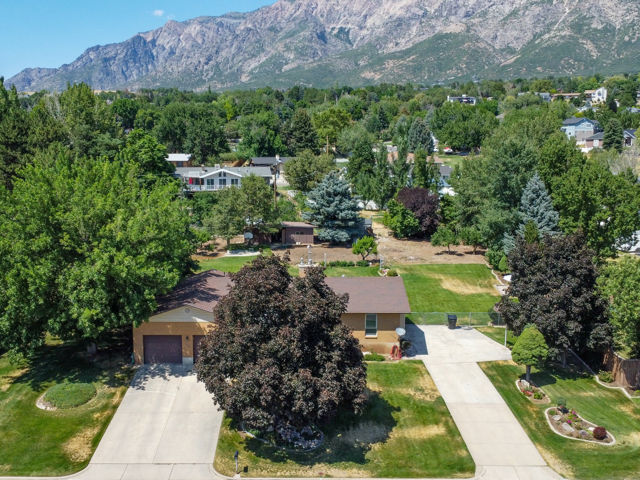 Ranch-style residence featuring a two-car garage, concrete driveway, and mature landscaping