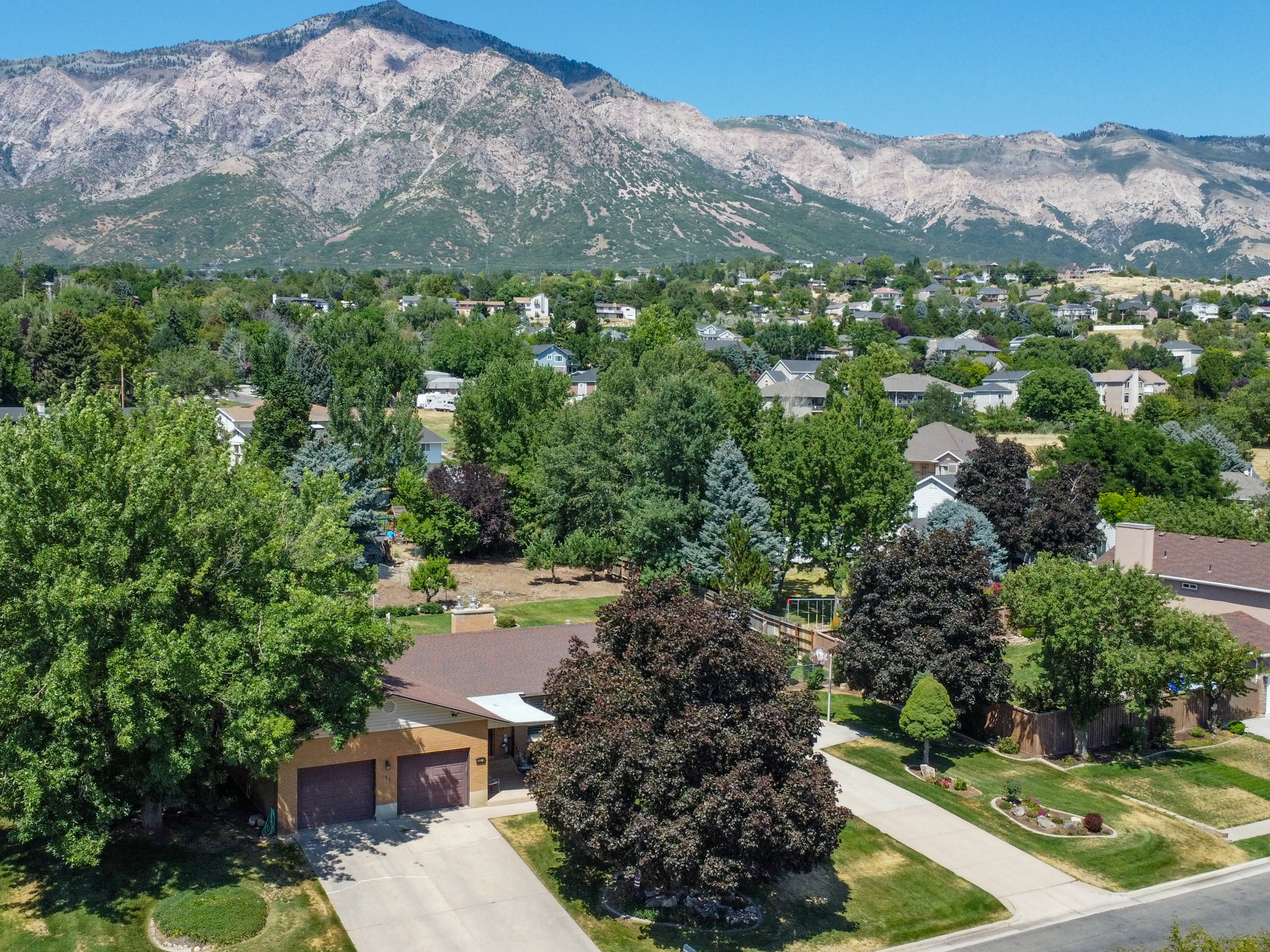 Expansive mountain backdrop with a residential area featuring mature trees and established landscaping