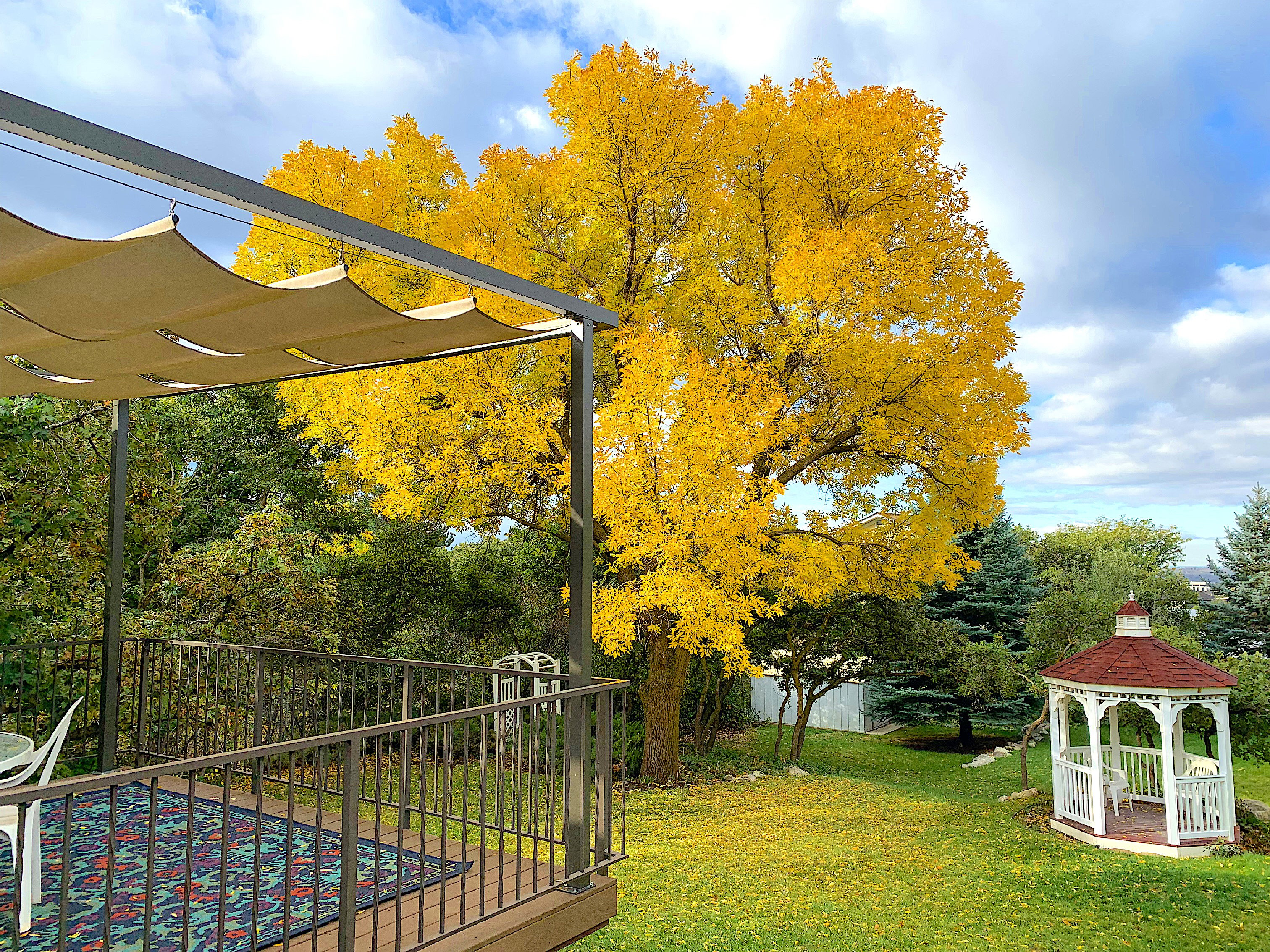 Expansive outdoor deck with a retractable canopy, durable railing, and wood-finish flooring
