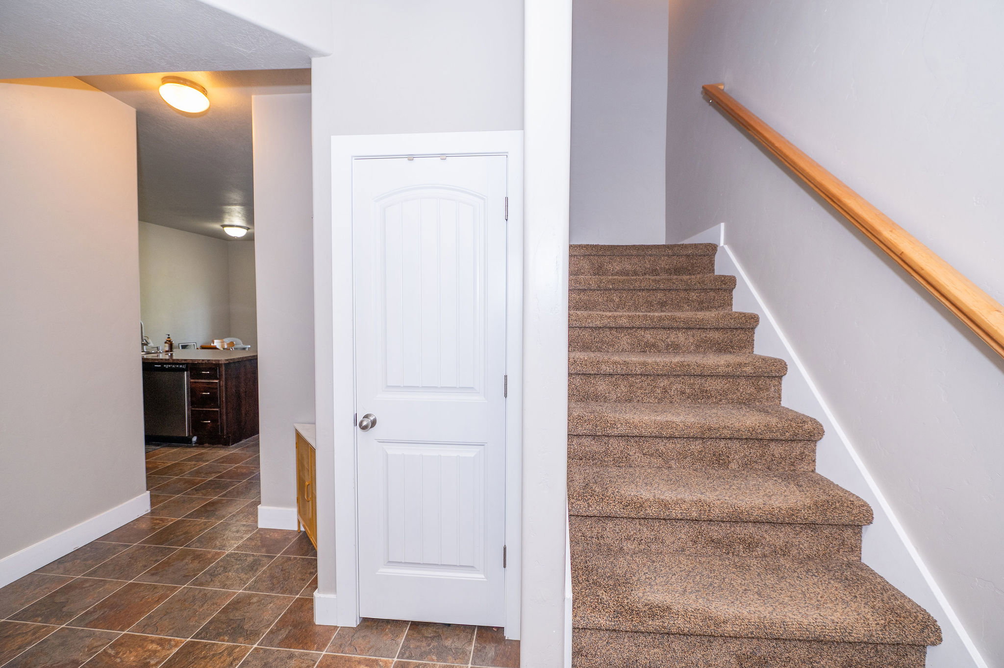 Carpeted staircase with wooden handrail