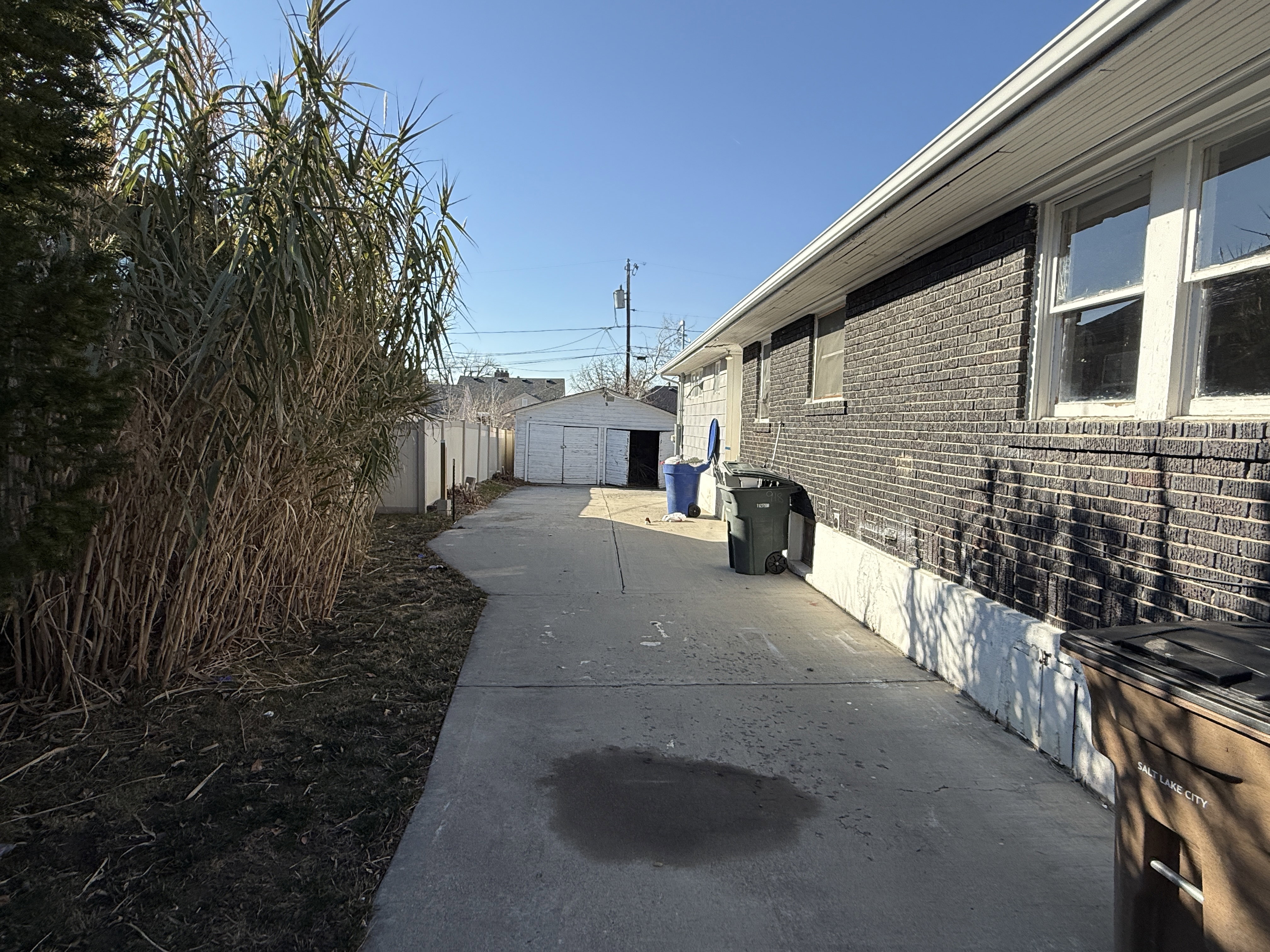 Paved side yard with a substantial concrete driveway leading to a detached garage