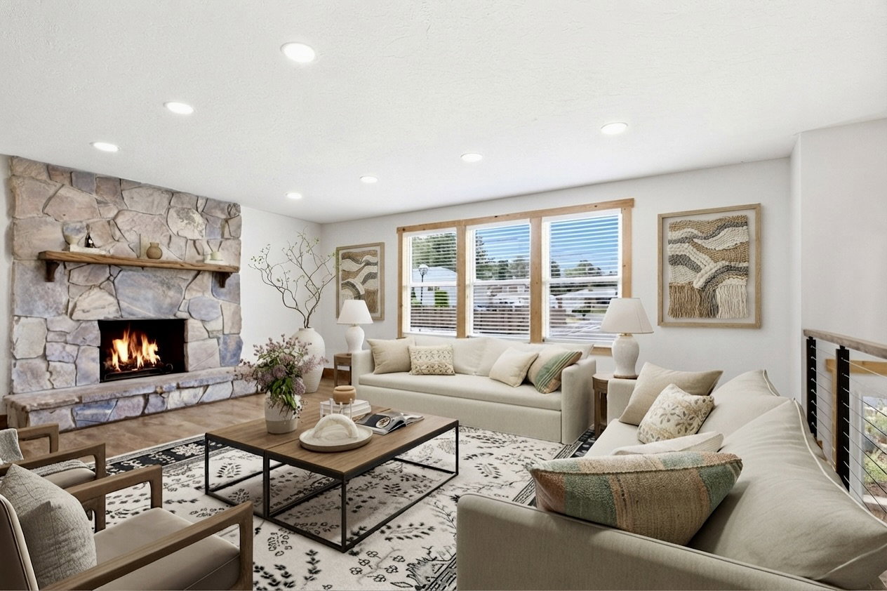 Spacious living area featuring a stone fireplace with a wood mantle, recessed lighting, wood-finish flooring, and multiple windows with wood frames.