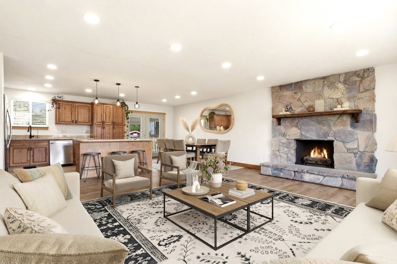 Open-concept living space featuring a stone fireplace with a wood mantle, wood-finish flooring, recessed lighting, and a kitchen with wood cabinetry and a breakfast bar. Virtually staged.