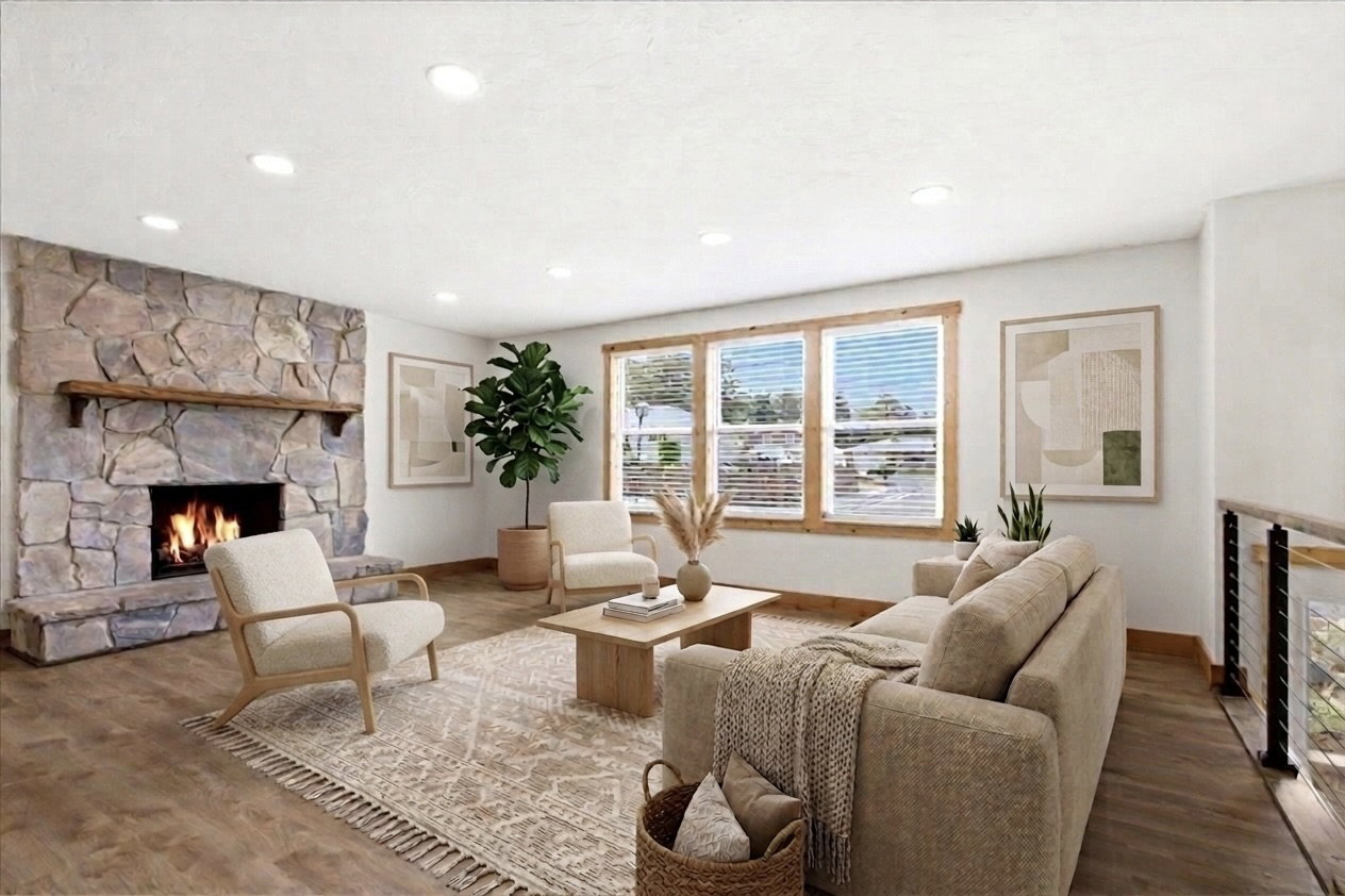 Spacious living area featuring a stone-clad fireplace with a wood mantel, wood-finish flooring, recessed lighting, and multiple windows with wood trim