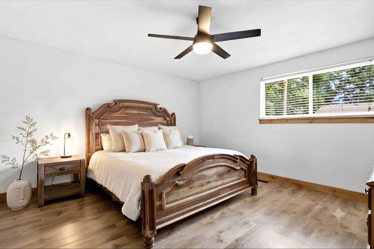 Spacious room featuring light-toned wood-finish flooring, a contemporary ceiling fan, and a wide window with natural wood trim
