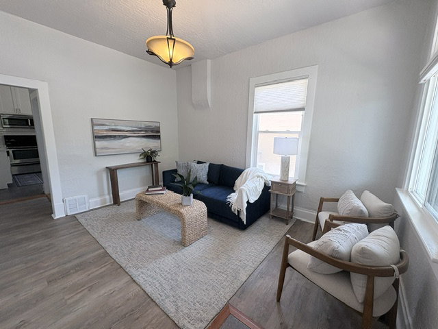 Living area featuring wood-finish flooring, a contemporary ceiling fixture, and bright window