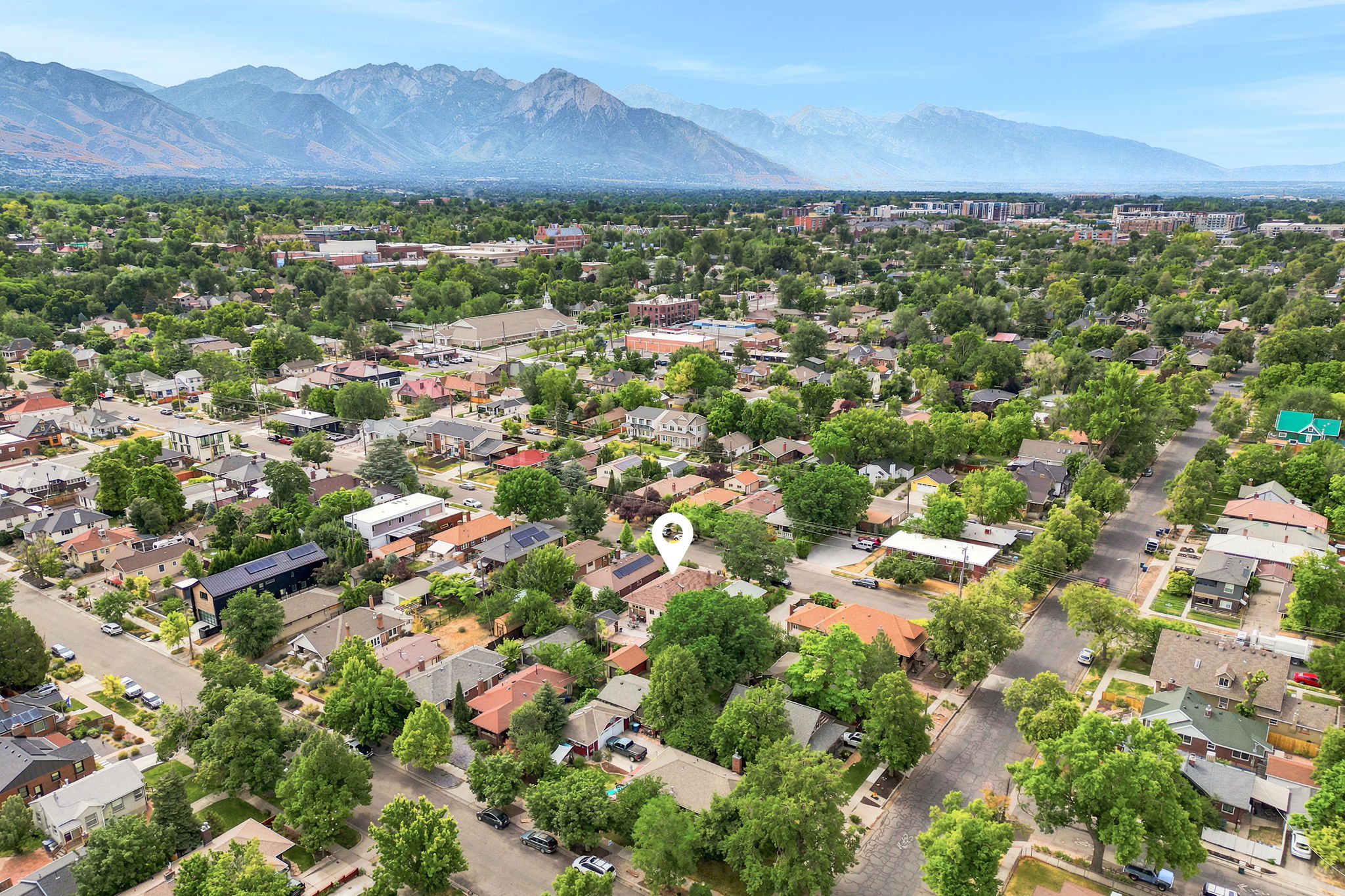 Expansive residential area with mature tree canopy and mountain backdrop
