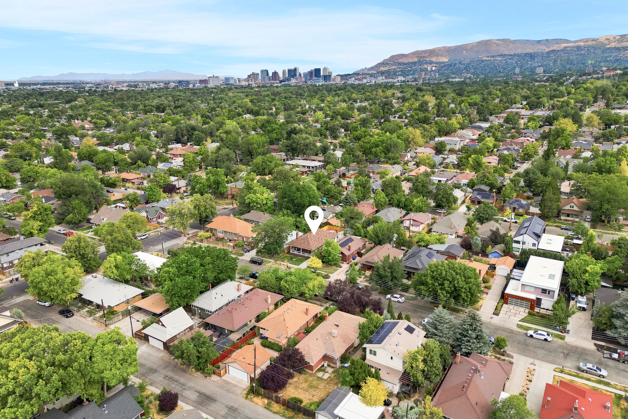 Aerial perspective showcasing a residential area with varied rooflines and abundant mature trees