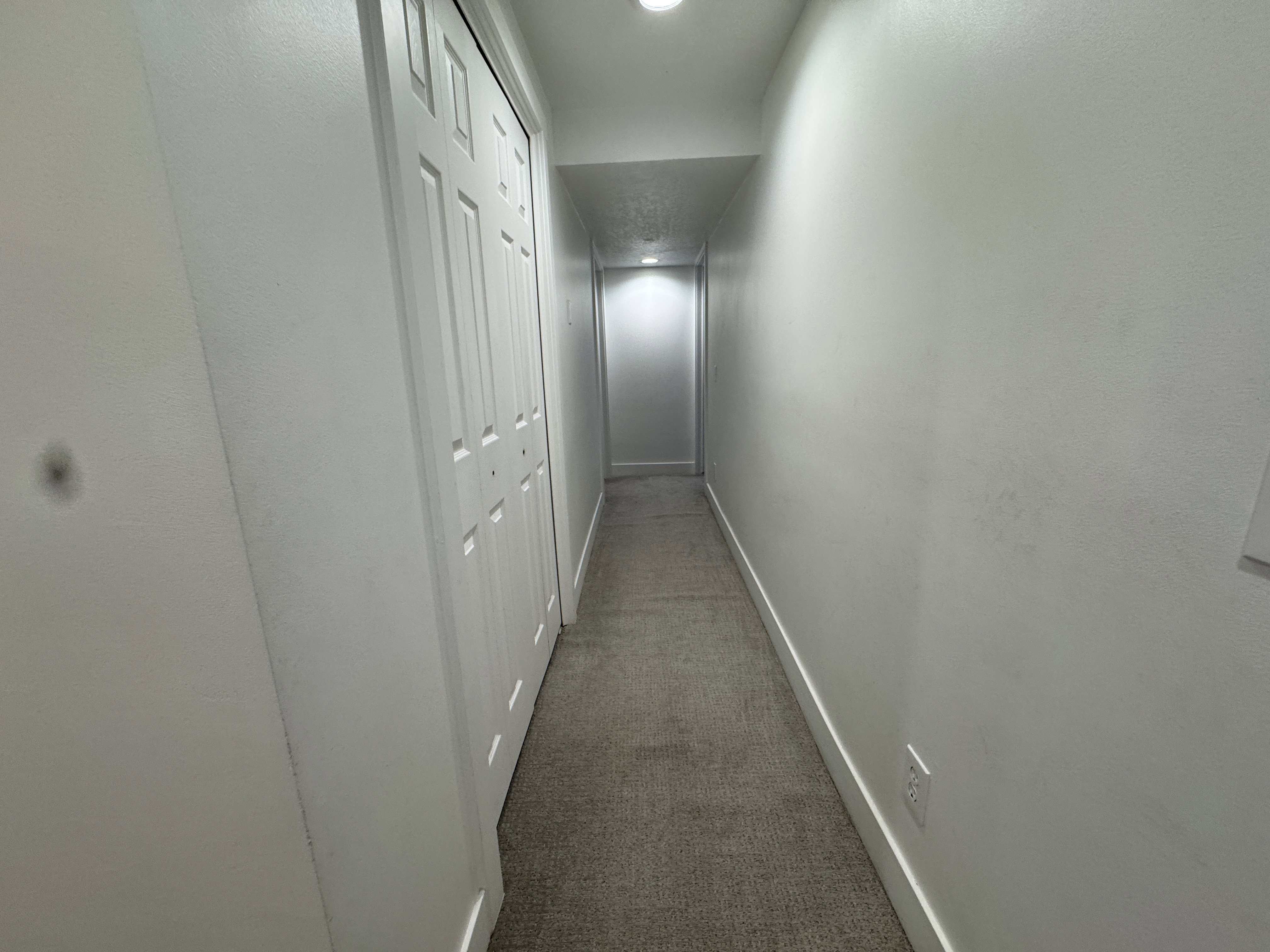 Hallway featuring carpet flooring, white walls, recessed lighting, and a bi-fold closet door