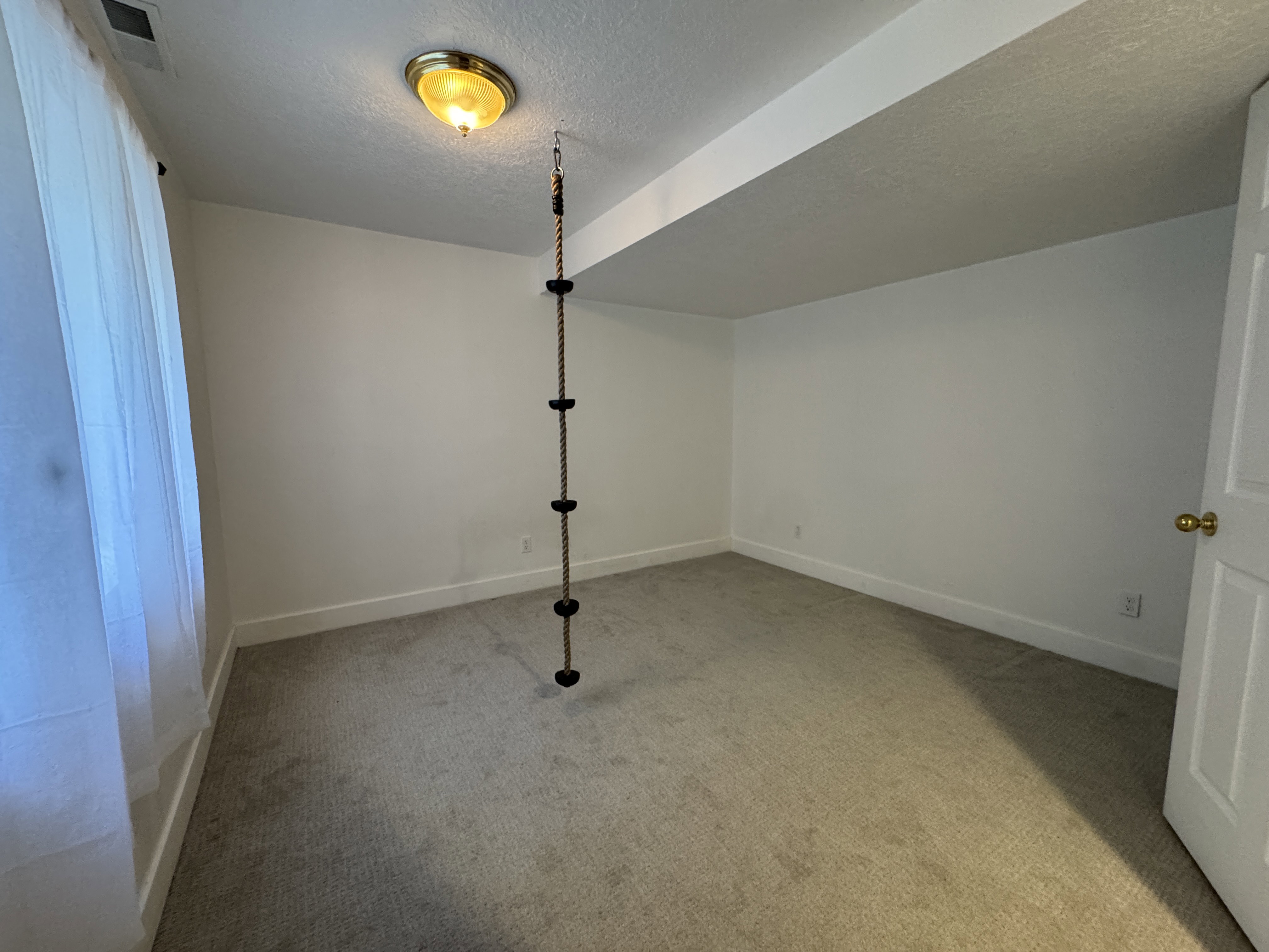 Versatile interior space featuring light-toned carpeting, white walls, and a visible window with sheer white curtains