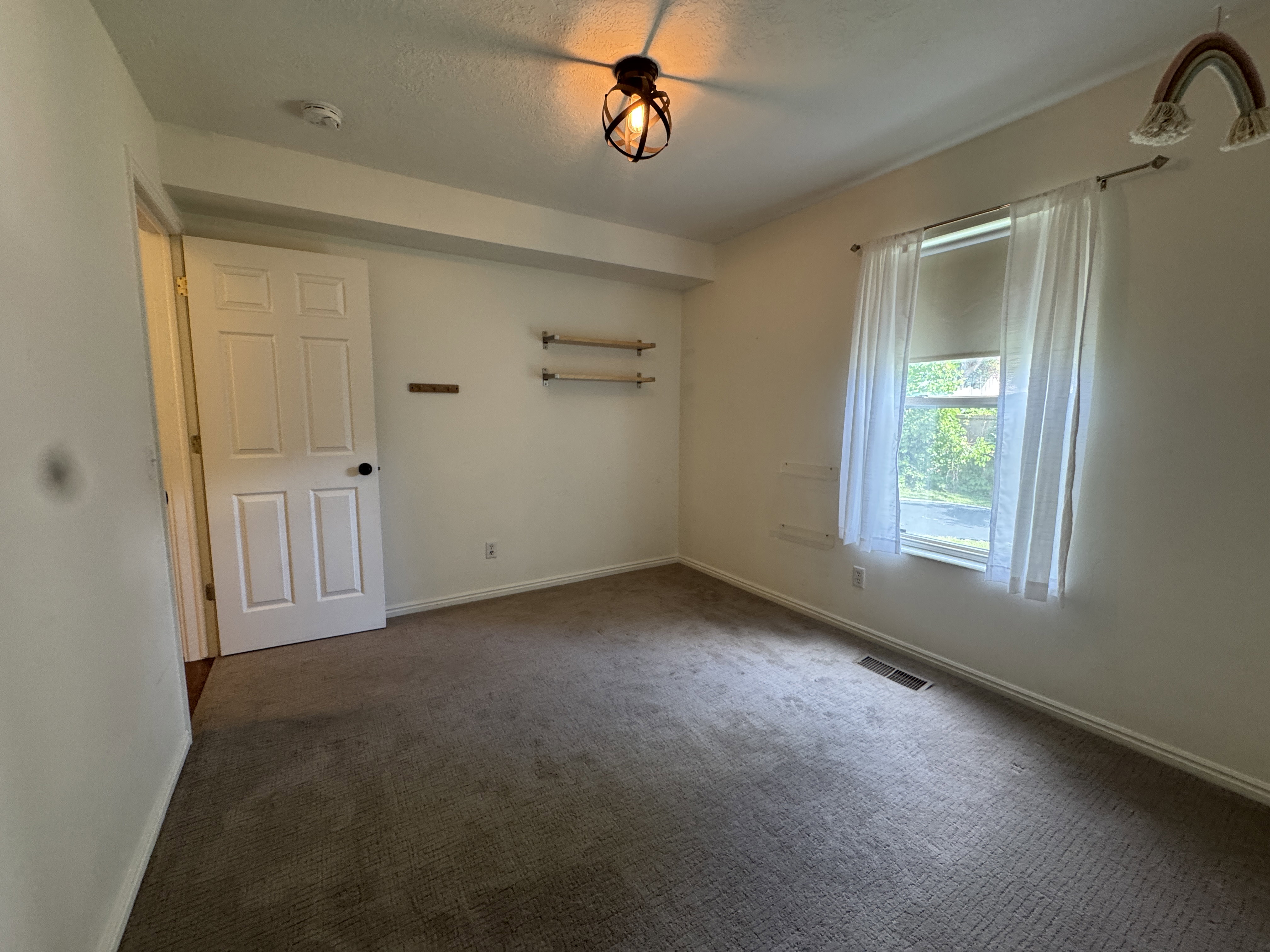 Carpeted room featuring a single window with blinds and sheers, a panel door, and a ceiling-mounted light fixture