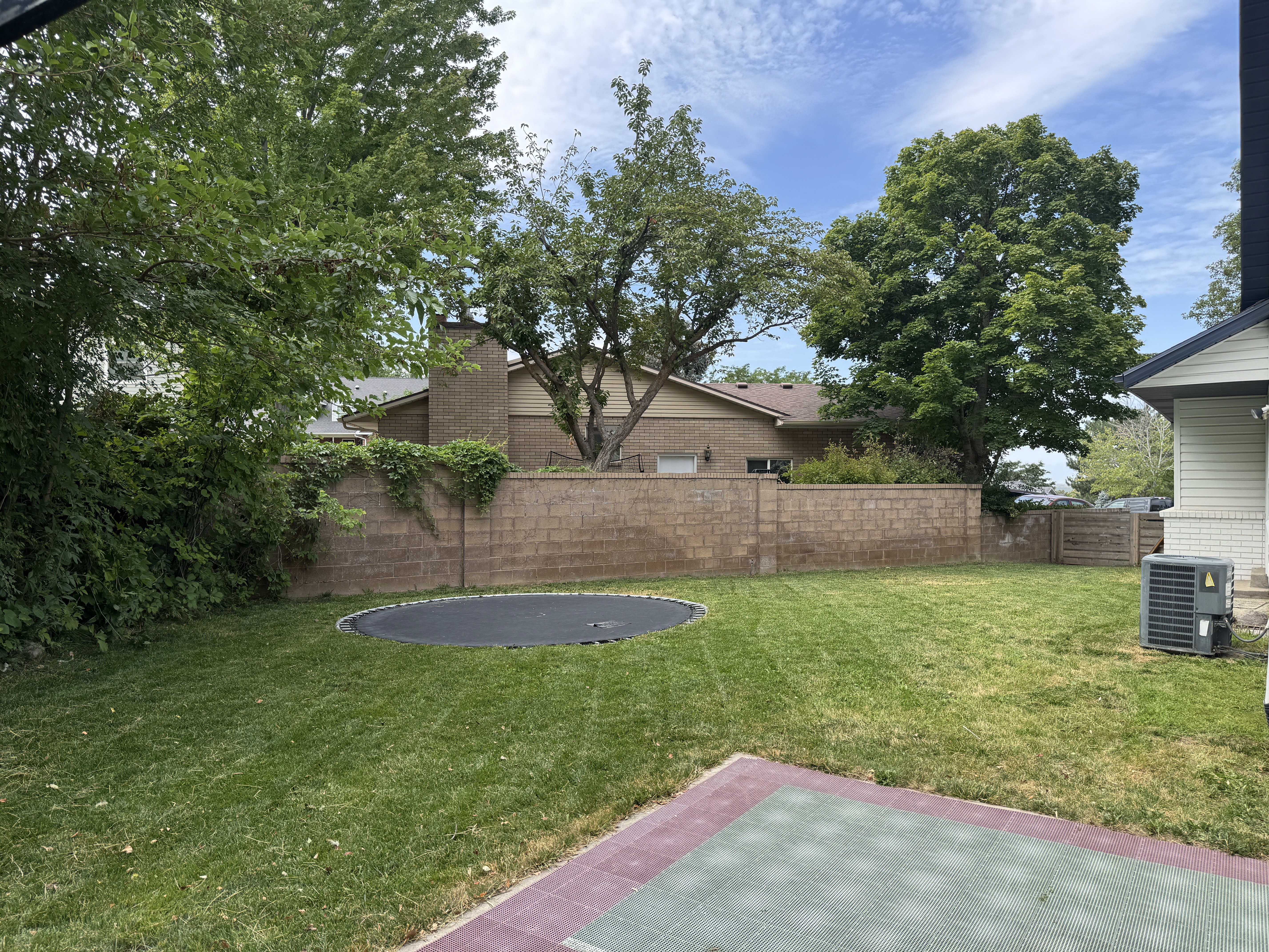 Expansive green lawn framed by mature trees, featuring a stone block privacy wall and a partial patio with red and green pavers