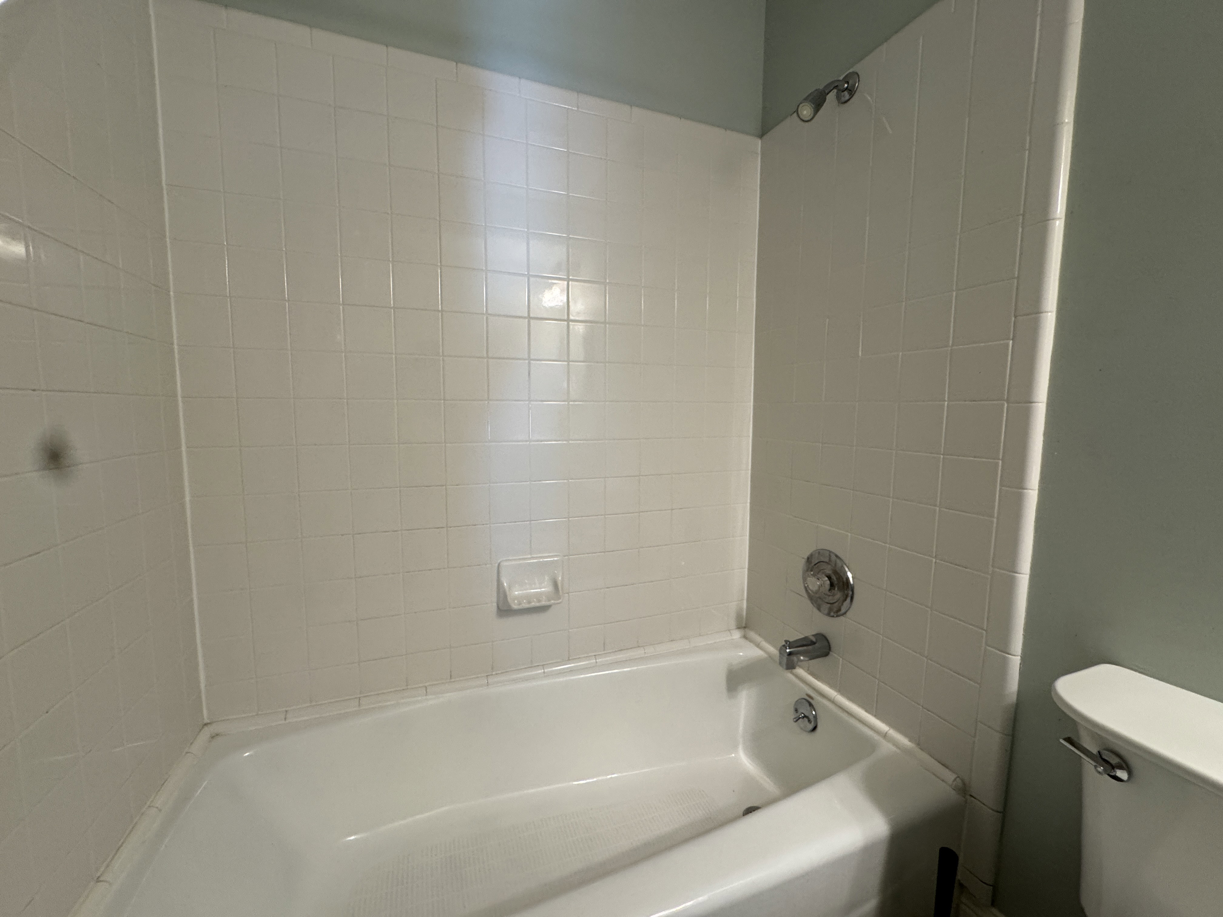 Bathtub and shower combination featuring white ceramic tile surround