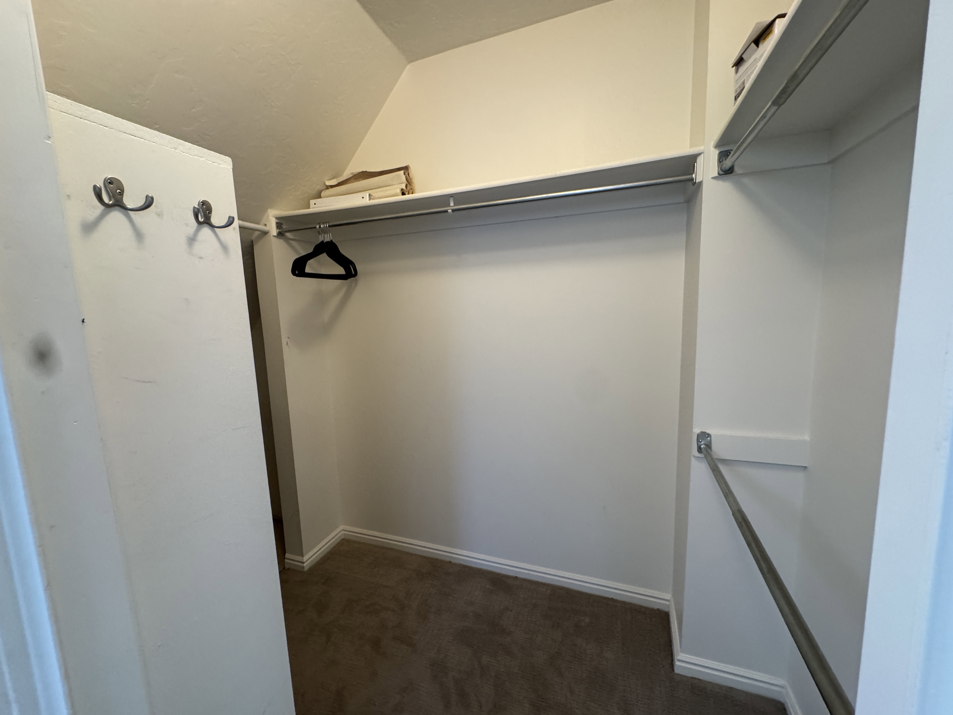 Walk-in closet featuring carpet flooring, built-in shelving, two hanging rods, and wall-mounted coat hooks