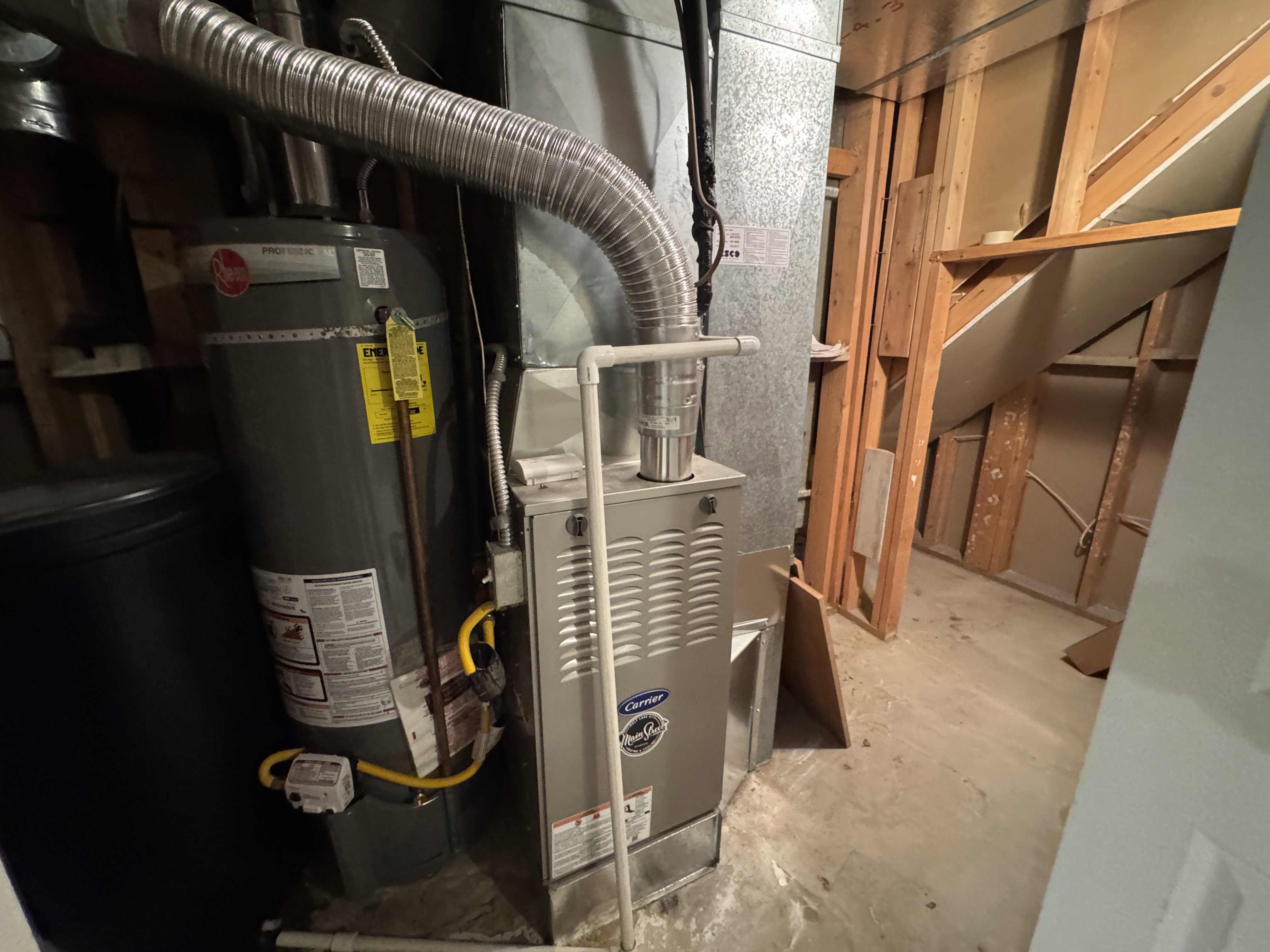 Utility area featuring a Rheem ProTerra water heater and a Carrier furnace system