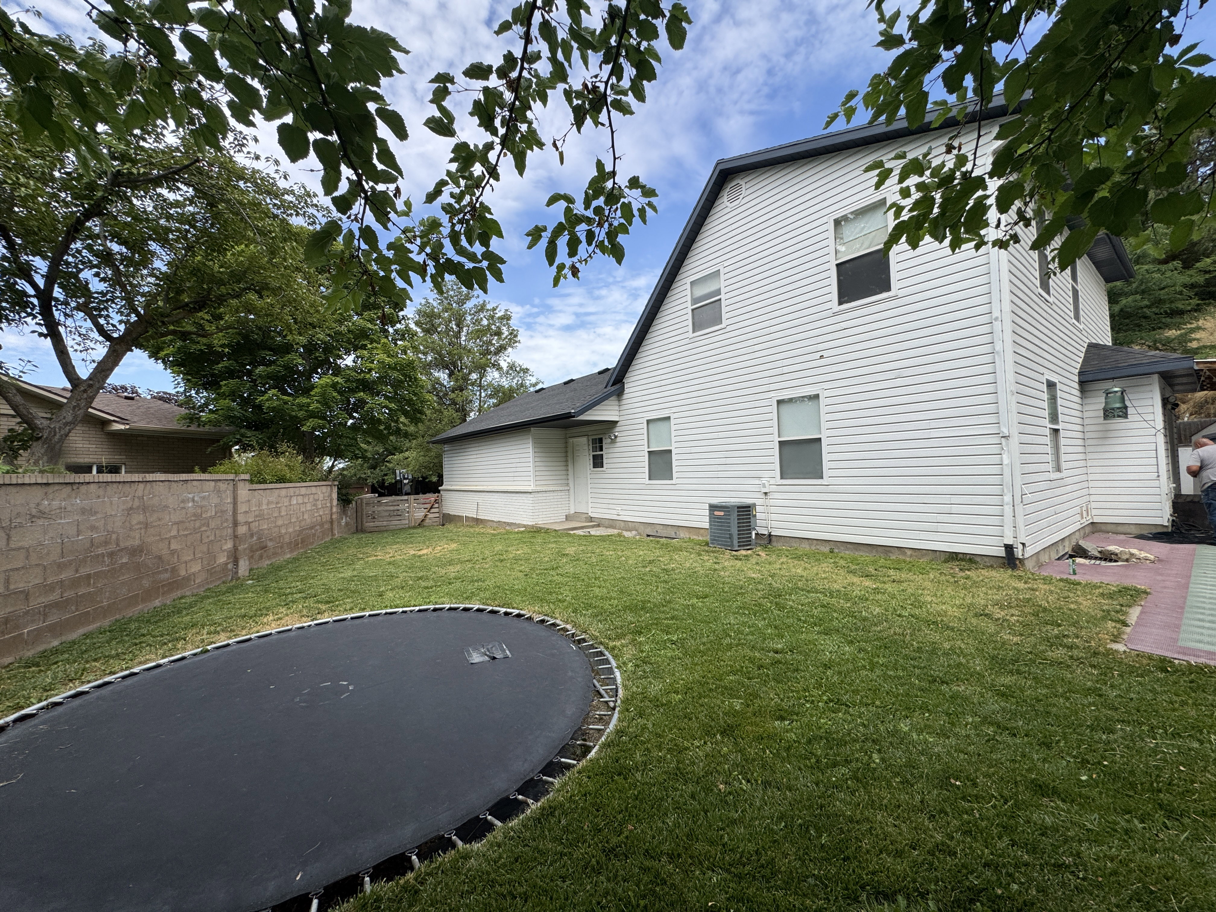 Spacious rear yard featuring an expansive grassy area, a block privacy wall, and mature perimeter trees