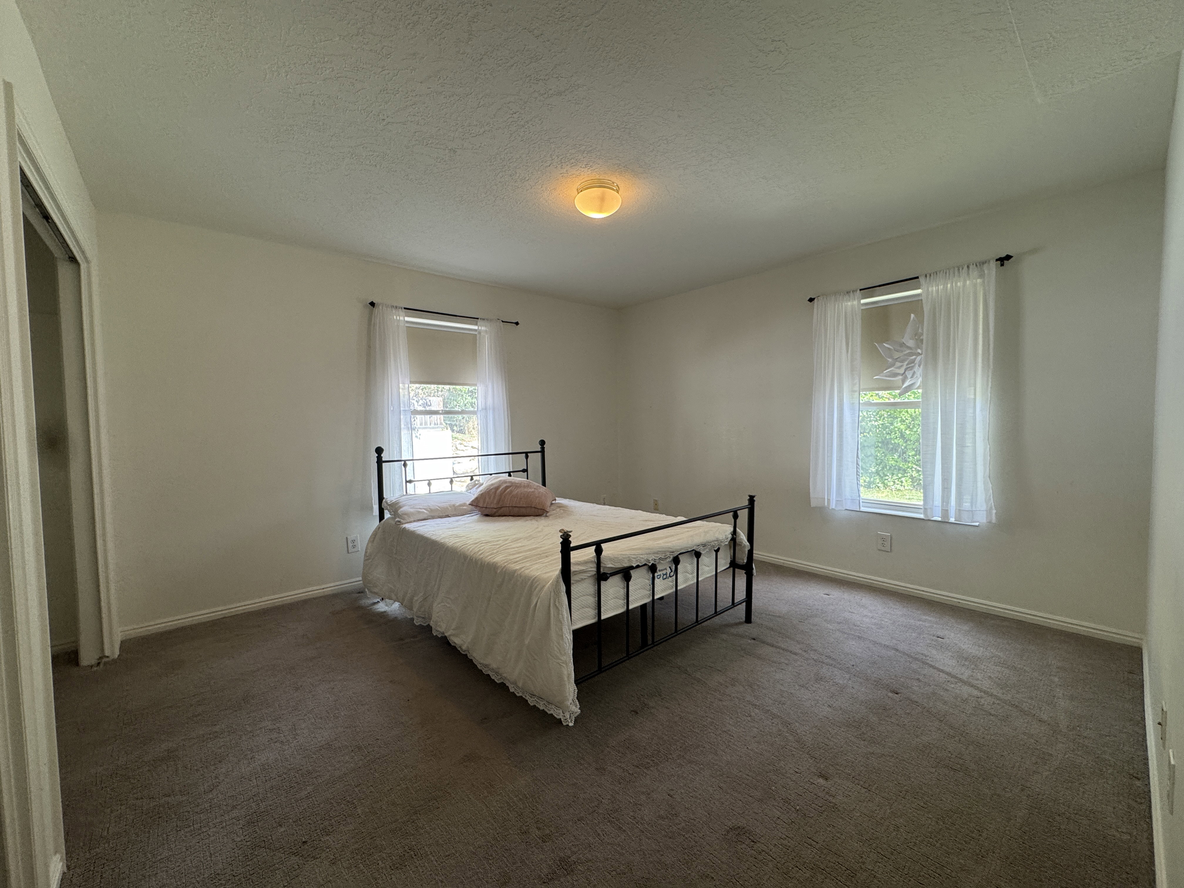 Carpeted room featuring two windows and a ceiling-mounted light fixture