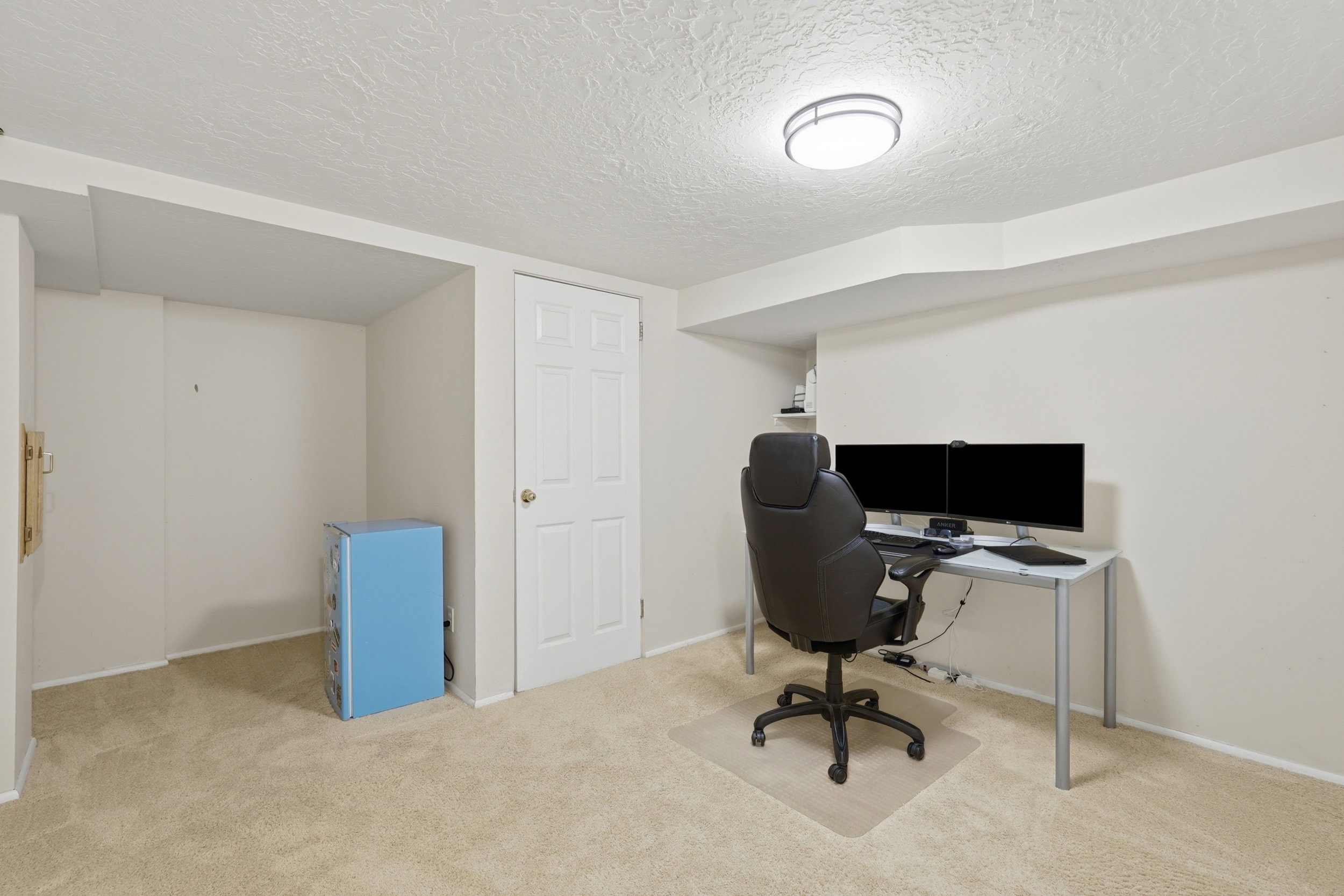 Carpeted room with a flush-mount ceiling light fixture, white five-panel interior door, and neutral wall tones
