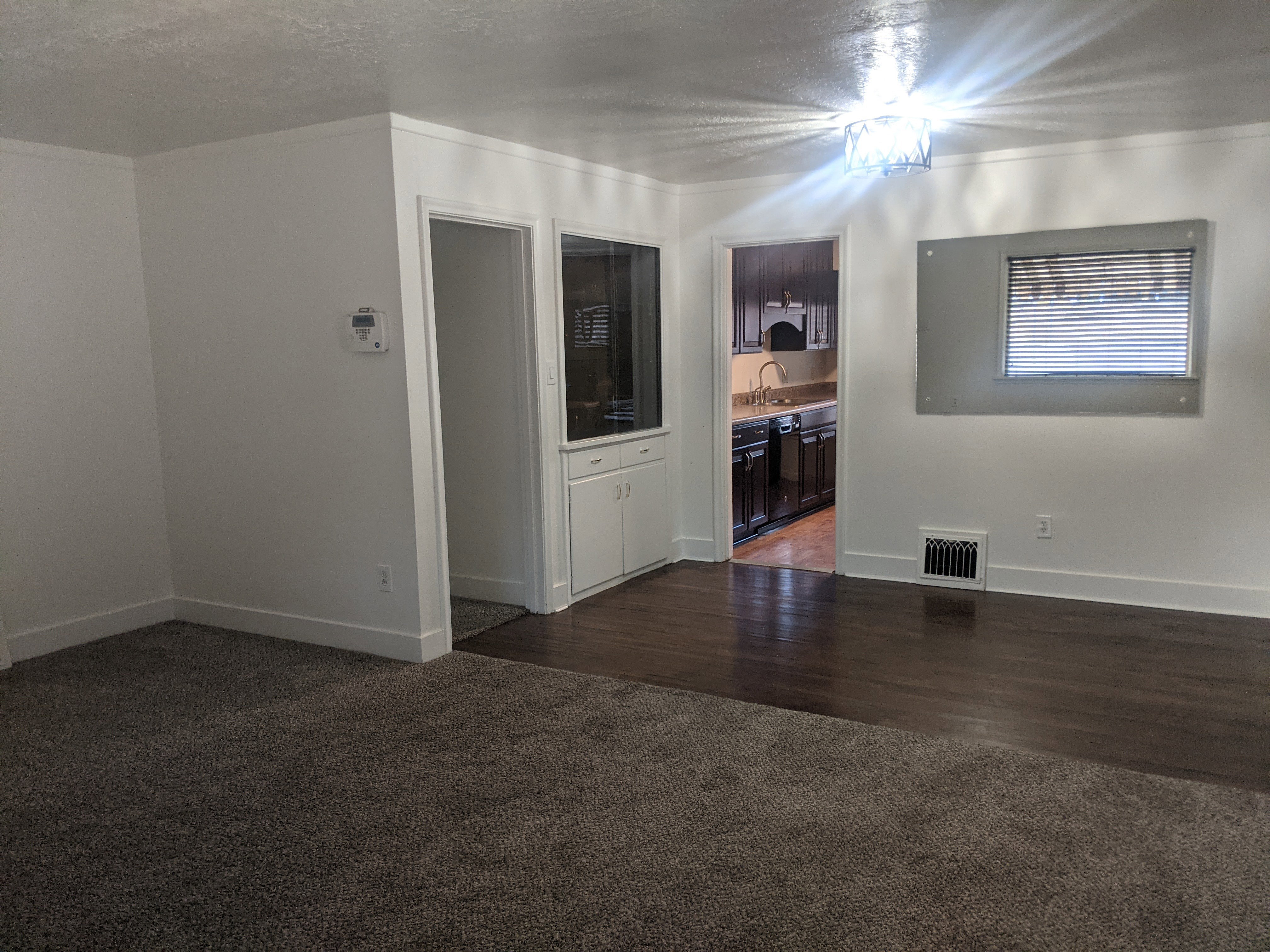 Open-concept living area featuring a blend of dark wood-finish flooring and plush carpeting