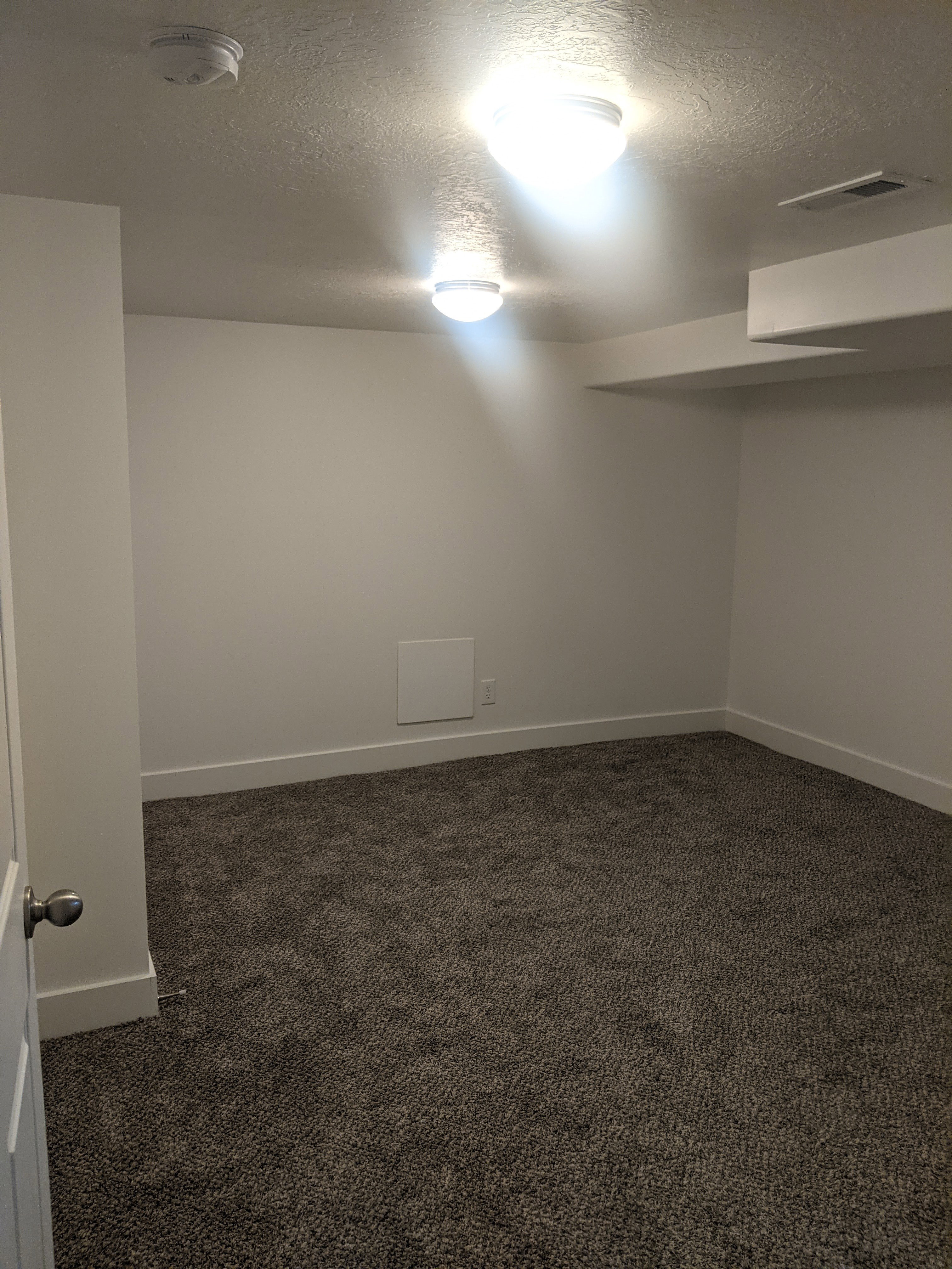 Spacious room featuring neutral carpeting, white walls, and bright ceiling-mounted lighting