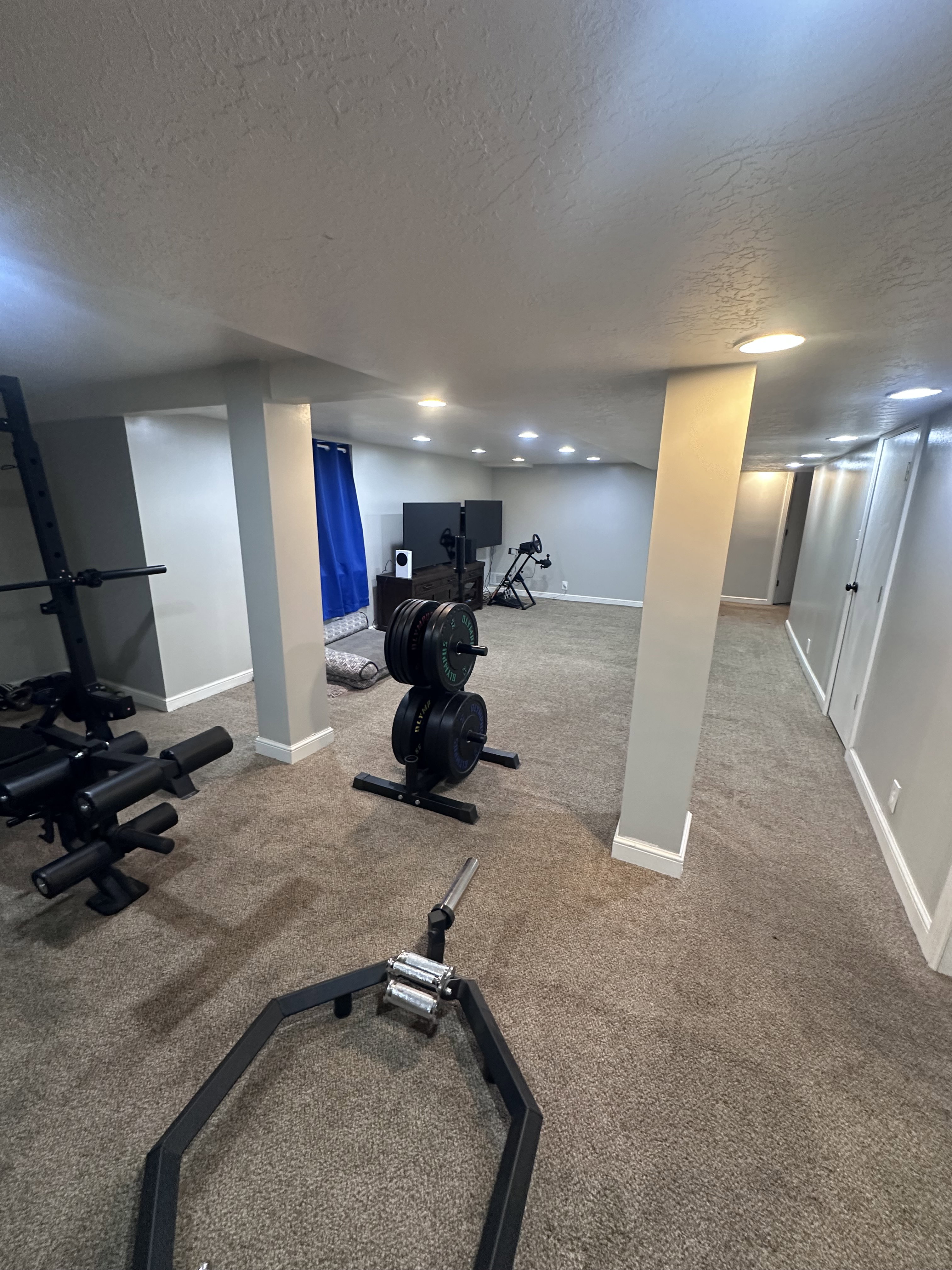 Carpeted lower level featuring recessed lighting, painted support columns, and multiple paneled doors