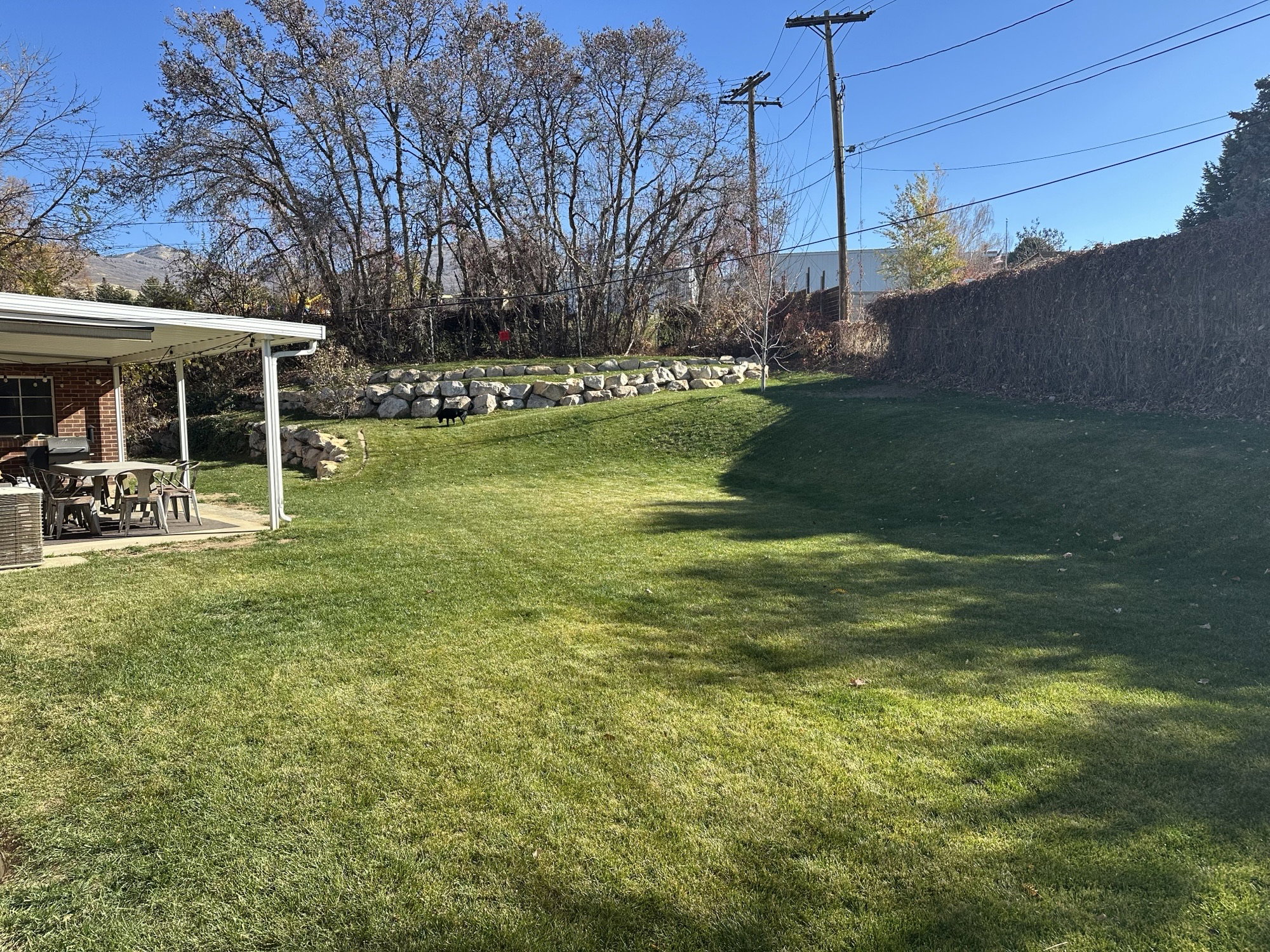 Expansive backyard featuring a large grass lawn, covered patio, and a stone retaining wall
