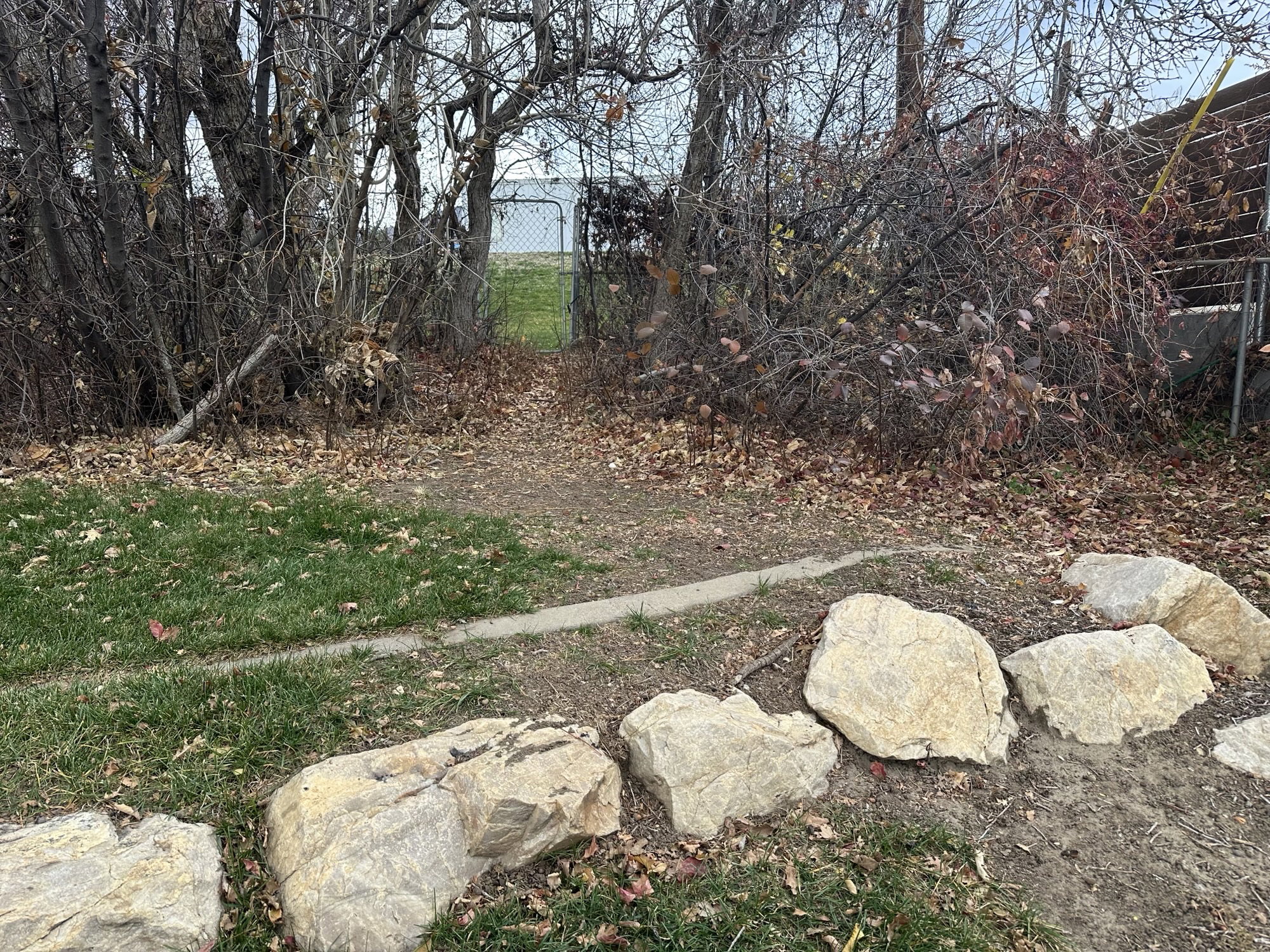 Landscaping featuring natural boulders and mature trees