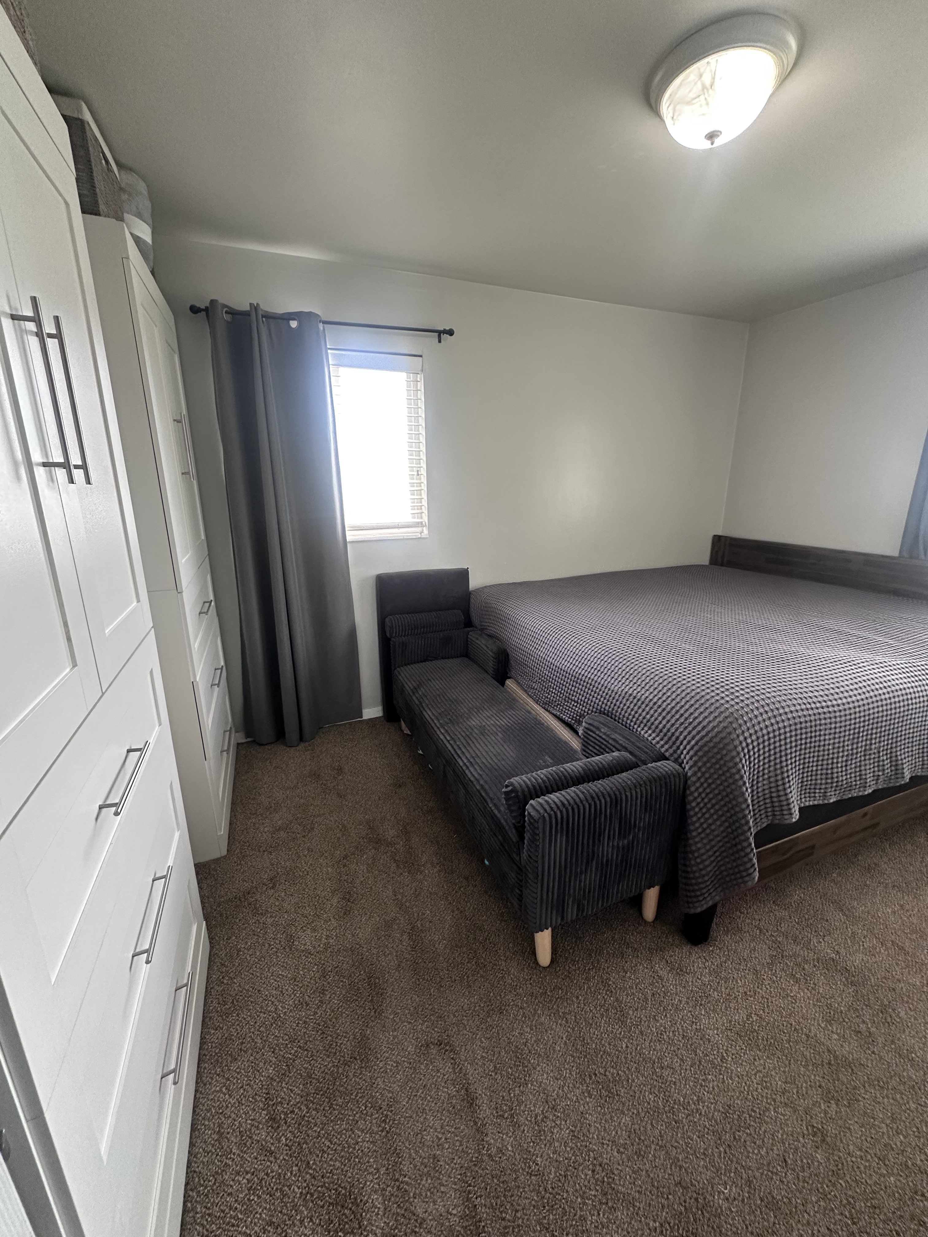 Bedroom featuring wall-to-wall carpeting, white walls, and a window with blinds