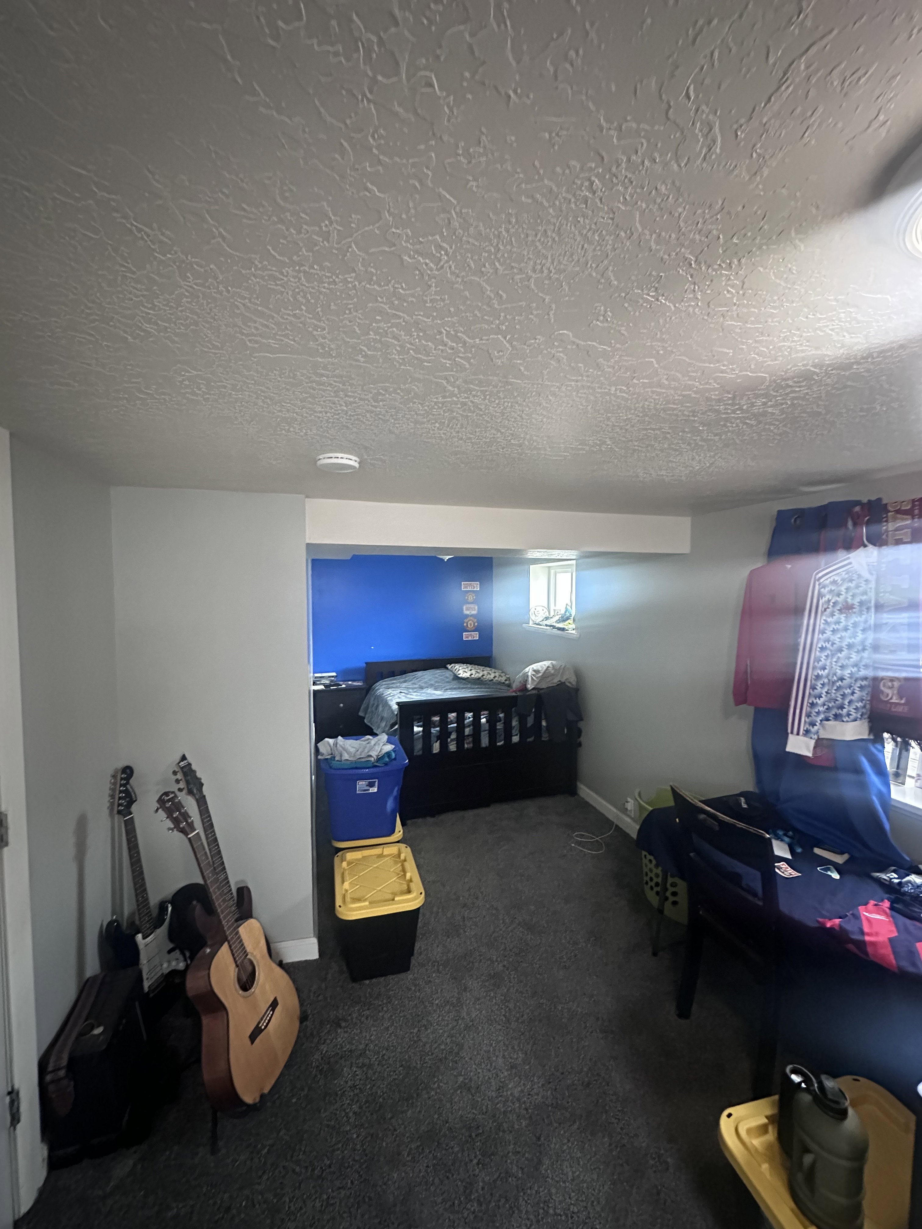 Carpeted room with light grey walls and a textured white ceiling