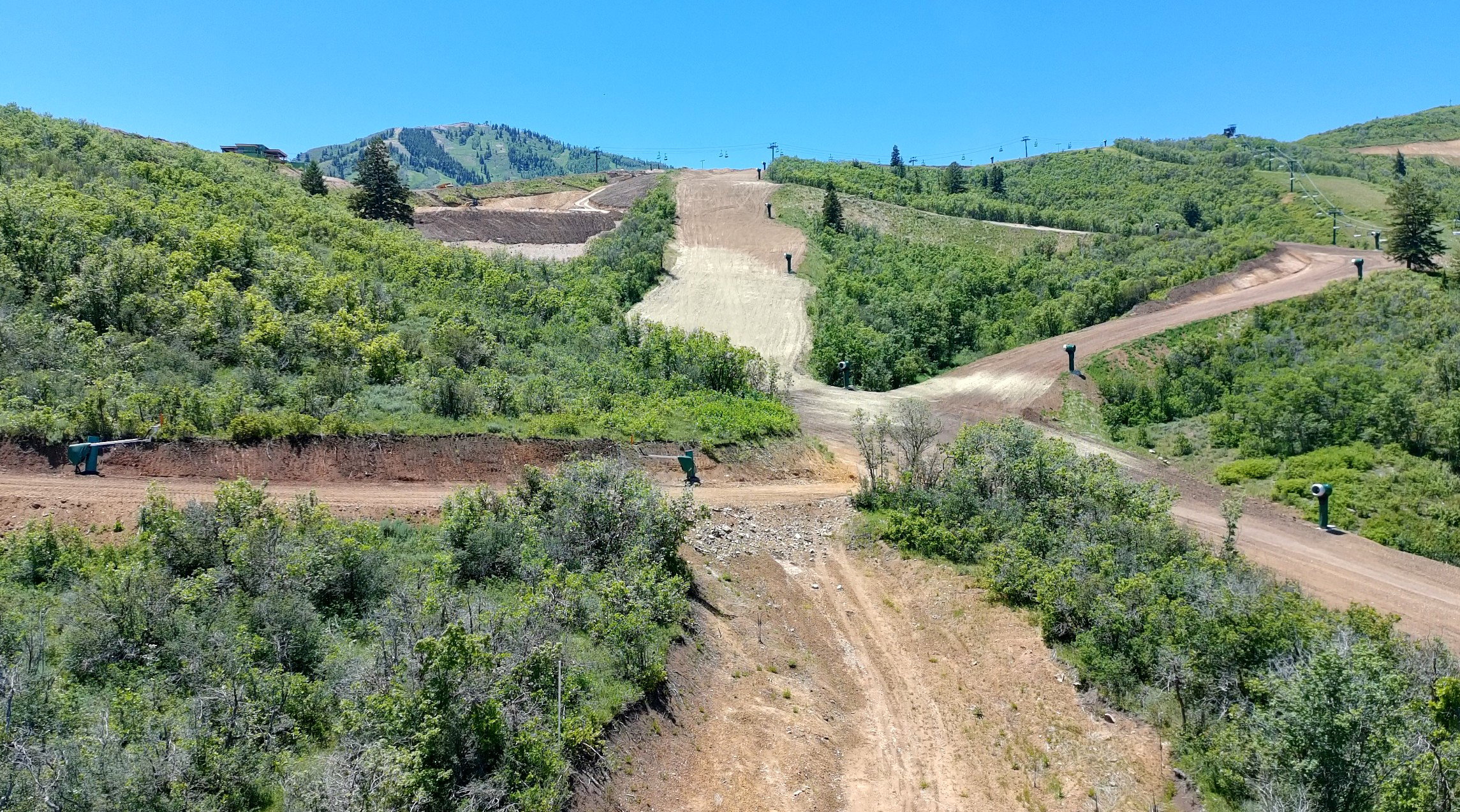 Expansive hillside terrain featuring lush green foliage and established dirt pathways