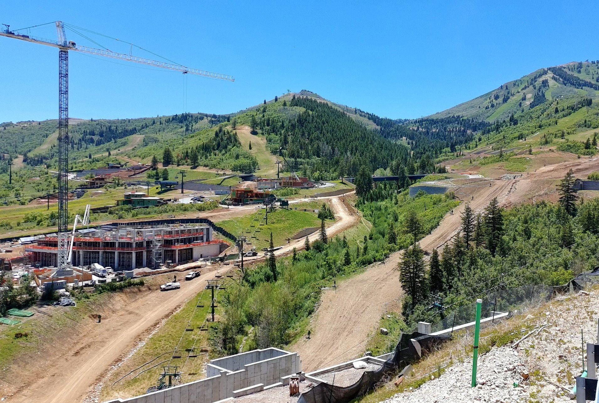 Mountainous terrain with lush green trees and visible ski runs