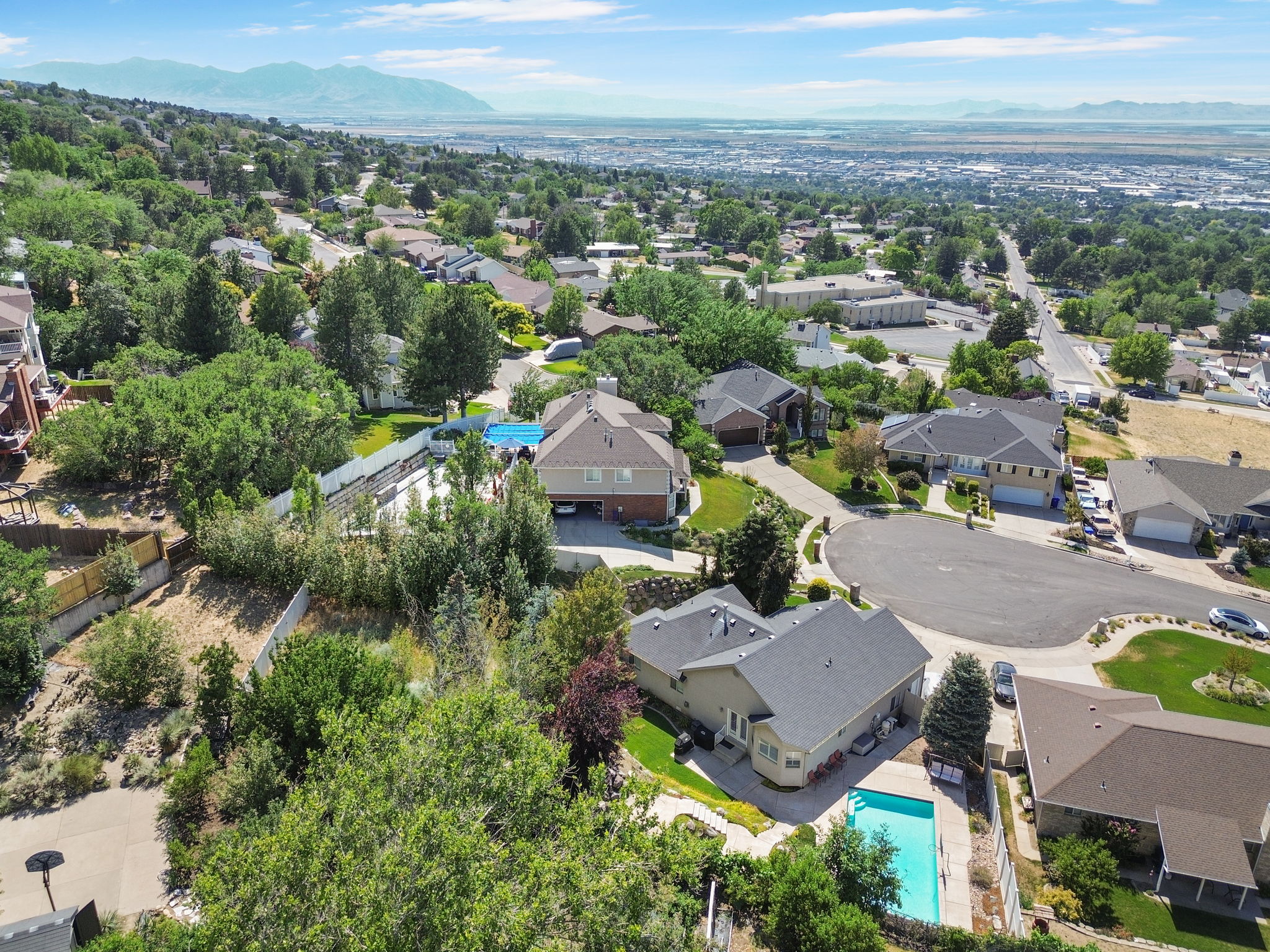 Aerial perspective showcasing a residential area with varied housing styles