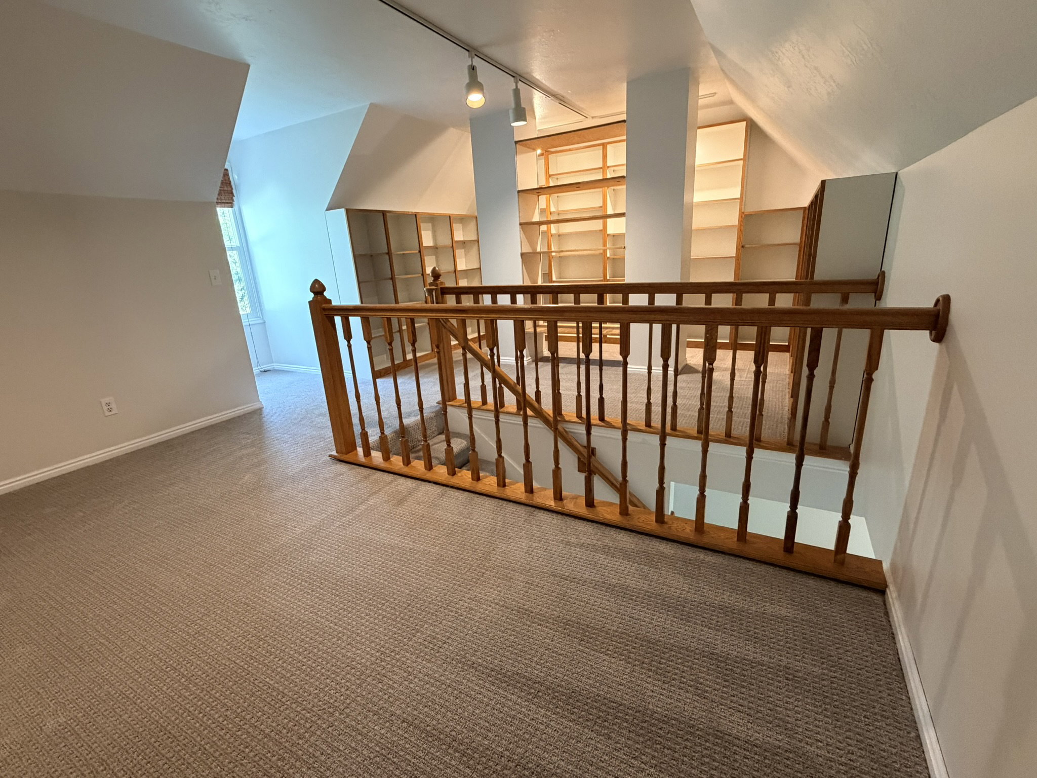 Carpeted upper-level space featuring wood railings, track lighting, and built-in shelving
