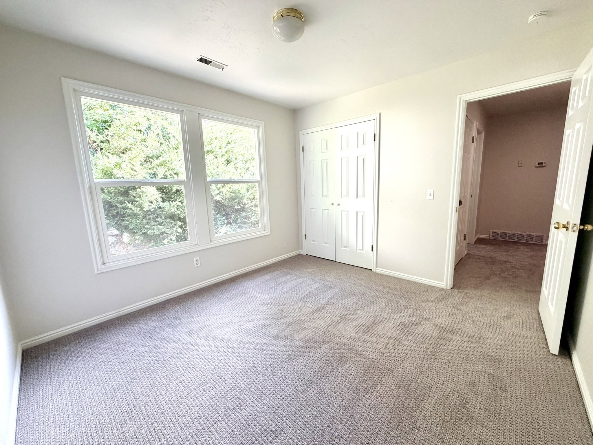 Carpeted room with double windows, bifold closet doors, and a ceiling-mounted light fixture