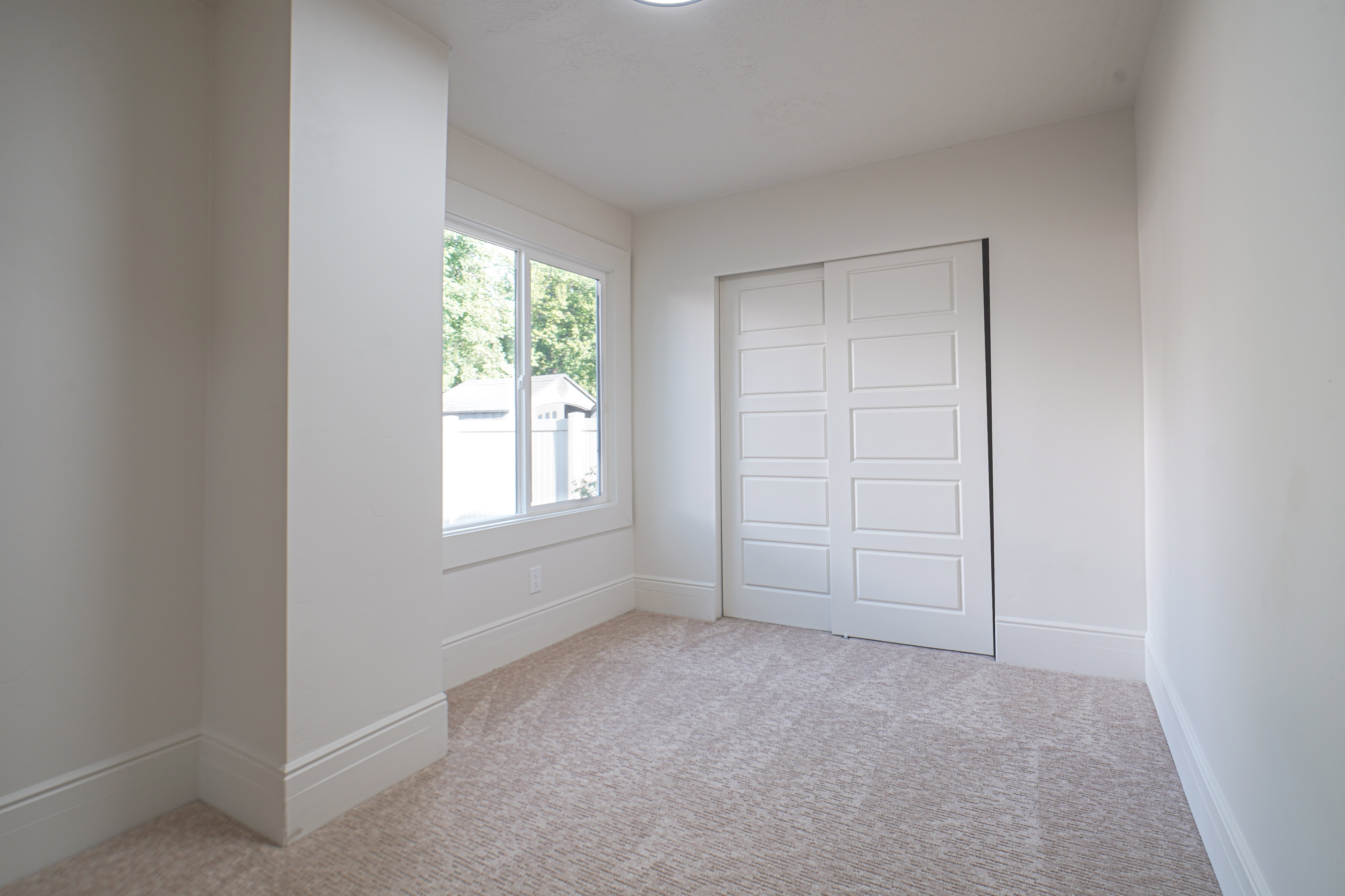 Bright room with neutral carpeting, white trim, and a window providing natural illumination