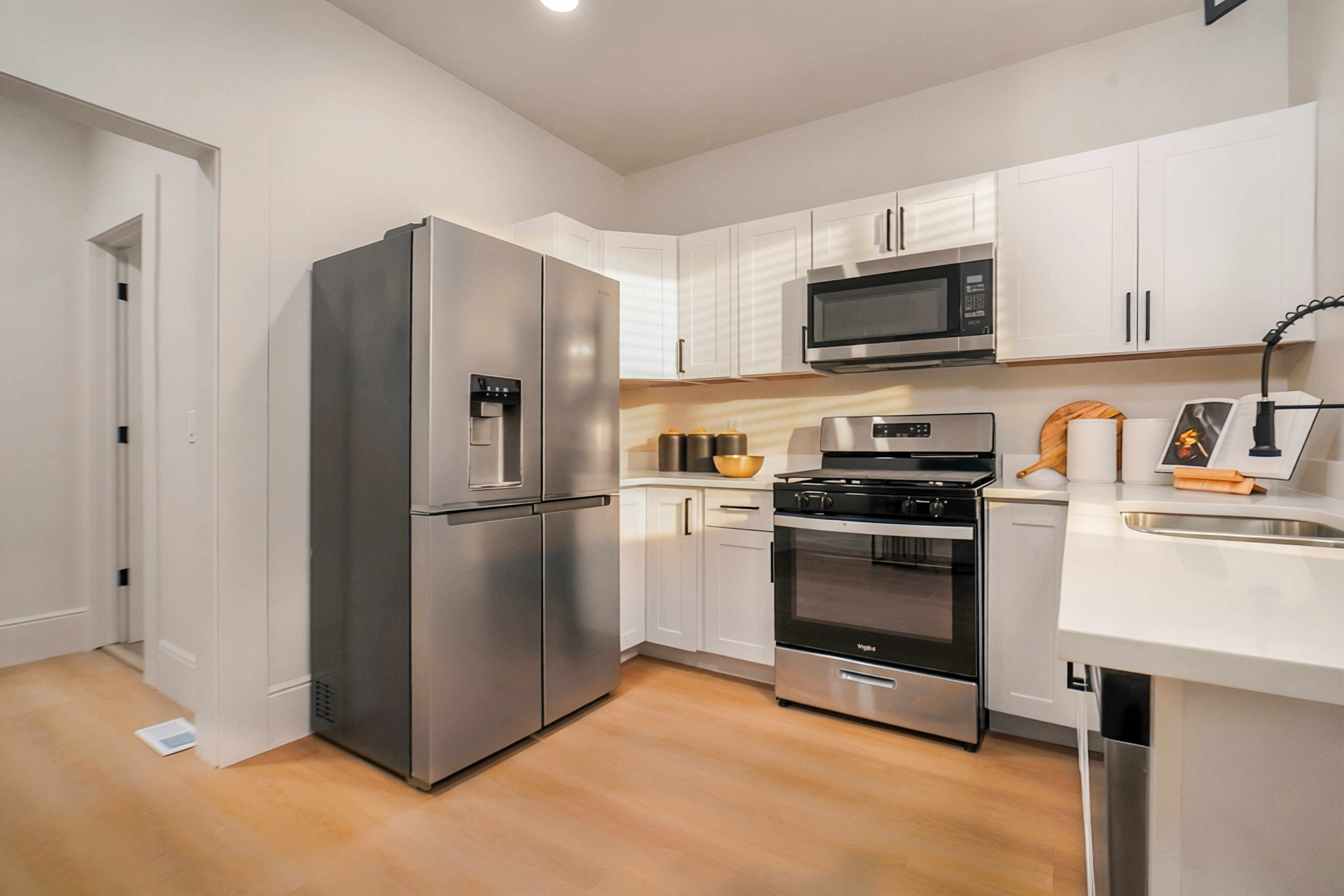 Modern kitchen featuring white cabinetry with dark hardware, stainless steel appliances, light-toned wood-finish flooring, and a contemporary sink with a flexible faucet