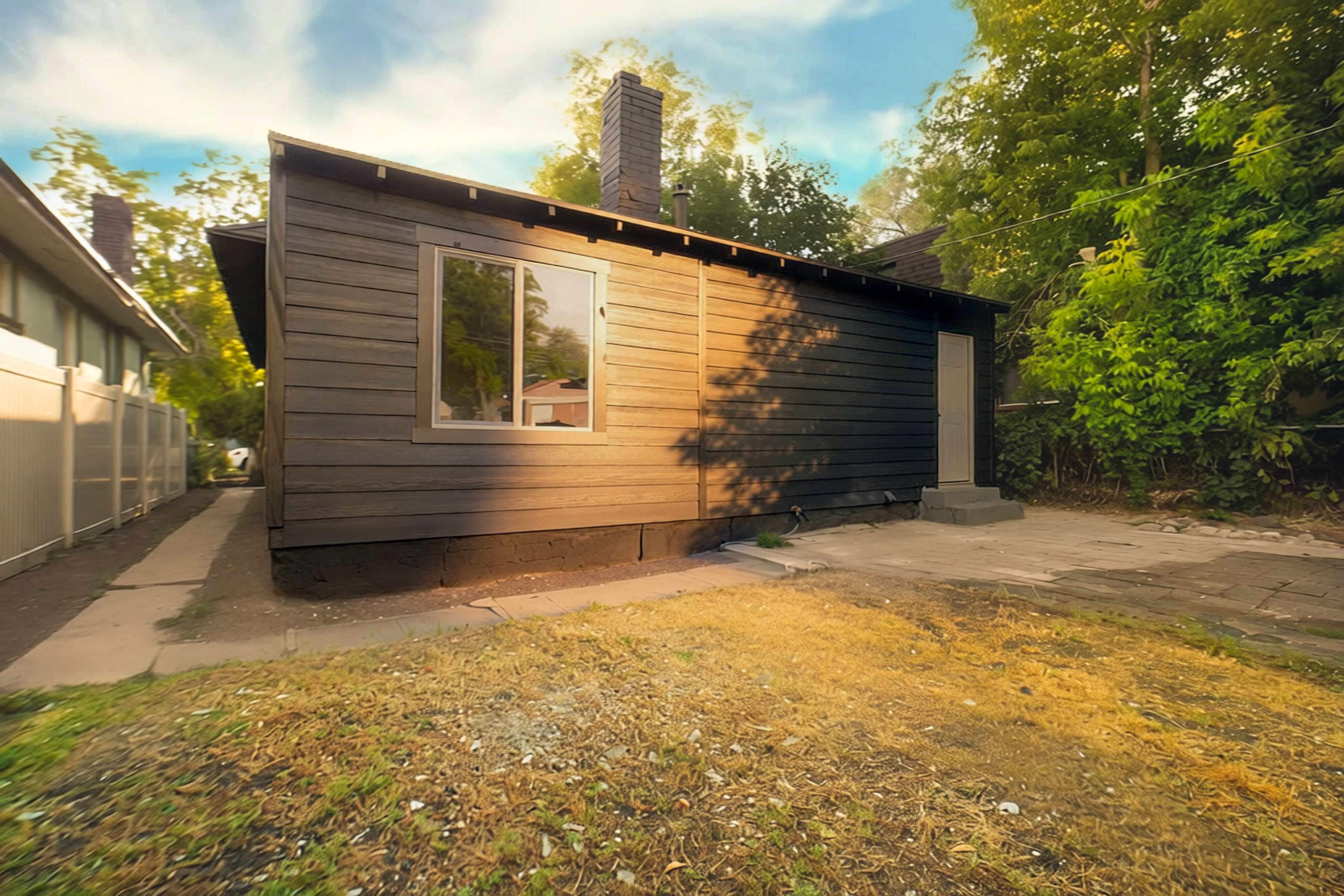 Exterior featuring horizontal siding, a prominent window, a side entrance with concrete steps, and a visible chimney stack
