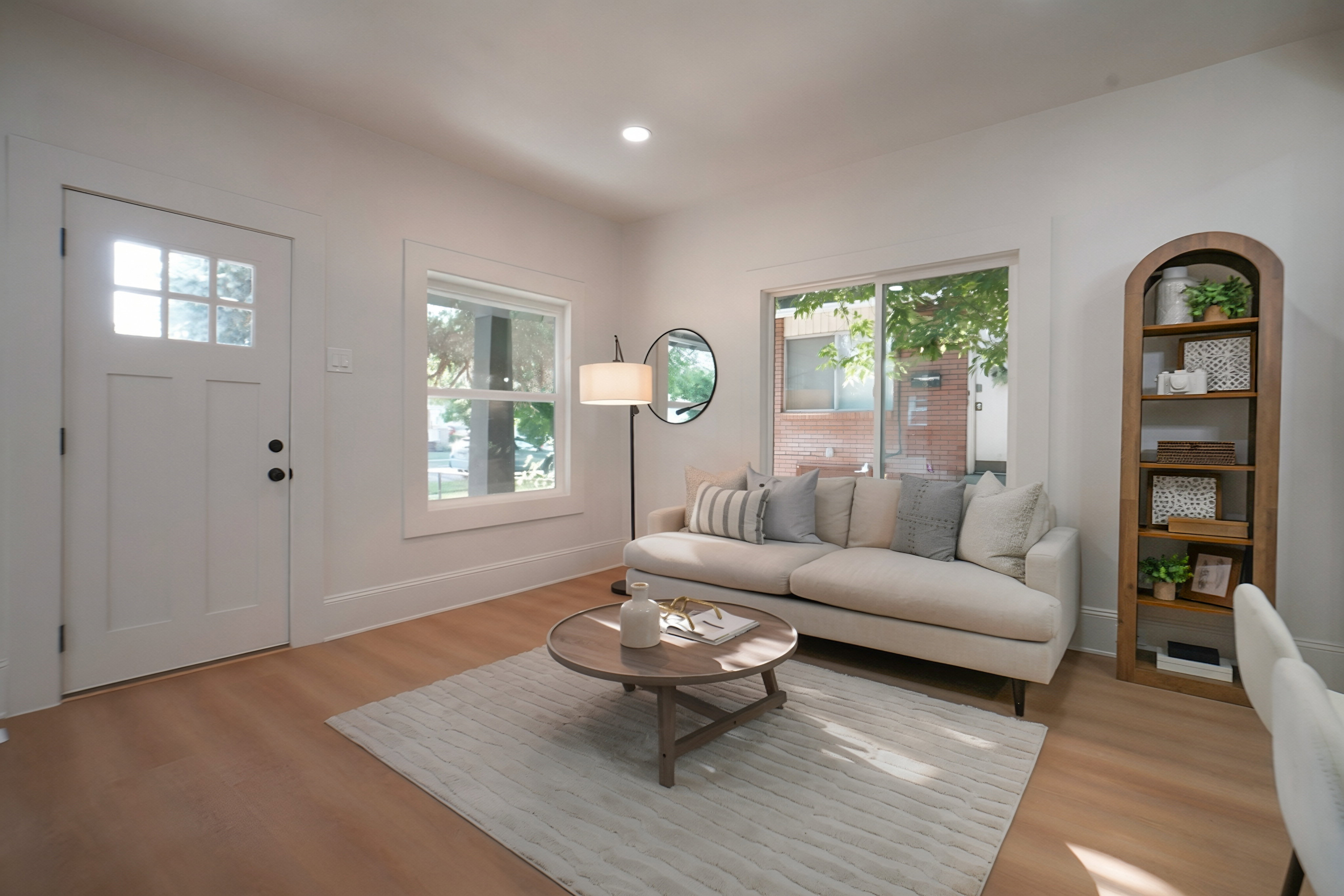 Bright living area featuring wood-finish flooring and recessed lighting