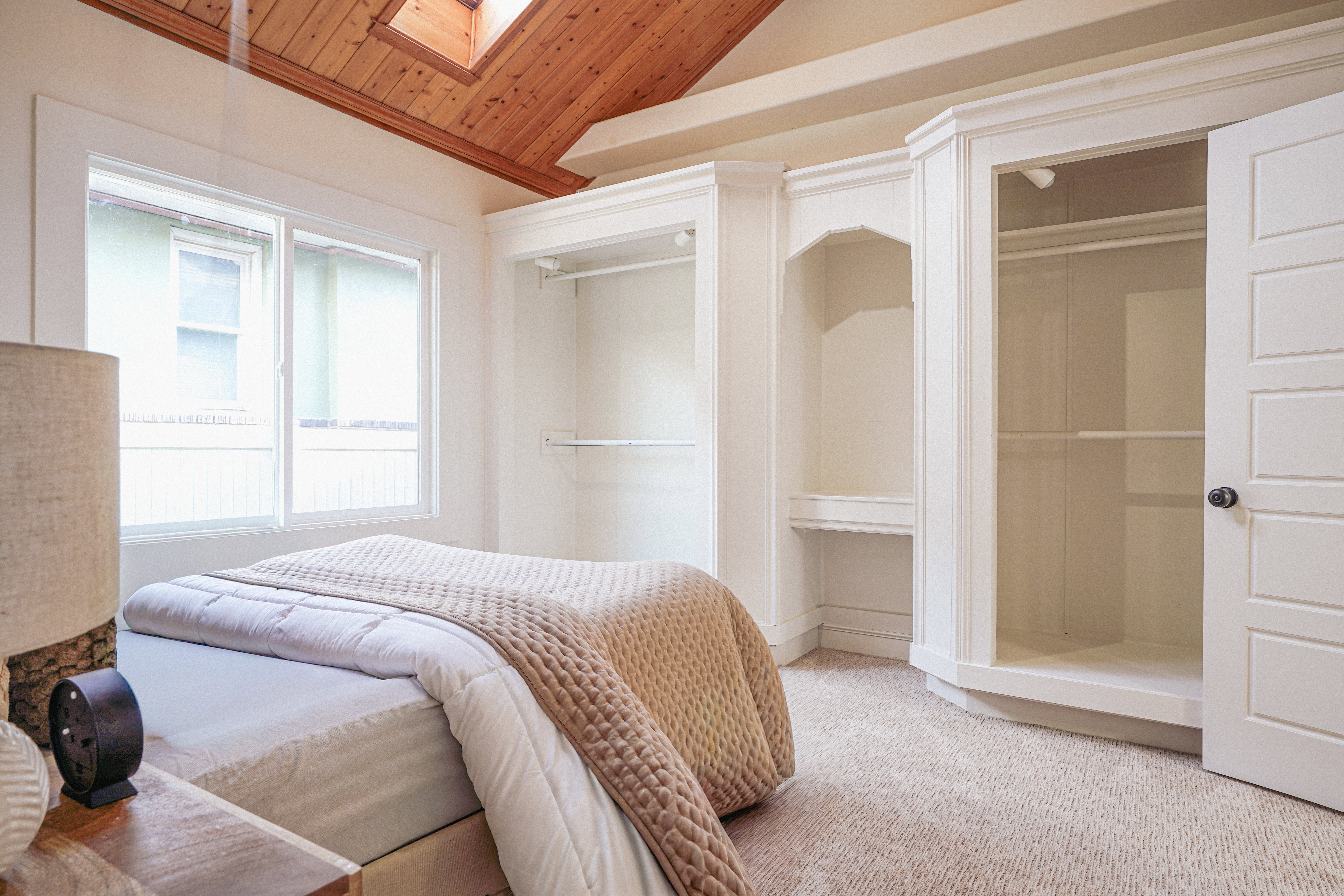 Room featuring a wood-paneled vaulted ceiling with a skylight, soft carpet flooring, and a large window